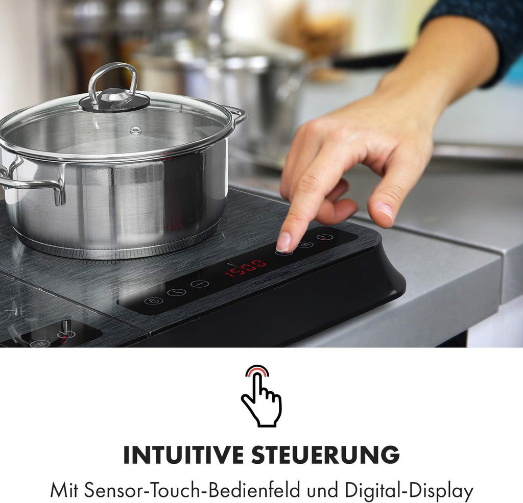 Klarstein InnoChef - Double Induction Hob, 3400 W, Touch Control, Pot Sensor, Shutdown Timer, 10 Levels, Overheat Protection, Child Safety Lock, Glass Ceramic, Black/Grey