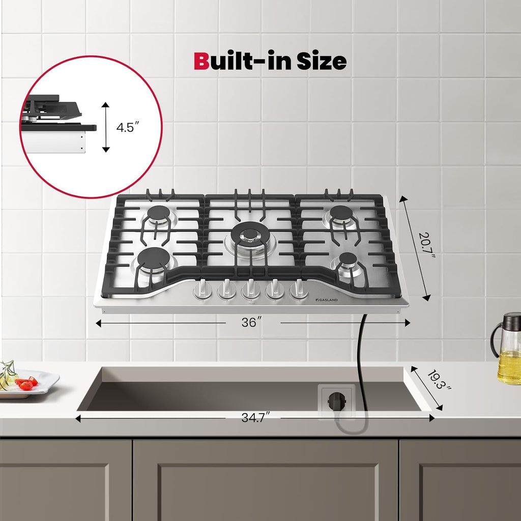 GASLAND 36 Inch Gas Cooktop, PRO GH2365SF 5 Italy Sealed Burner Propane Stovetop, NG/LPG Convertible Gas Cooktops, Plug-in with Thermocouple Protection, CSA Certified, Stainless Steel