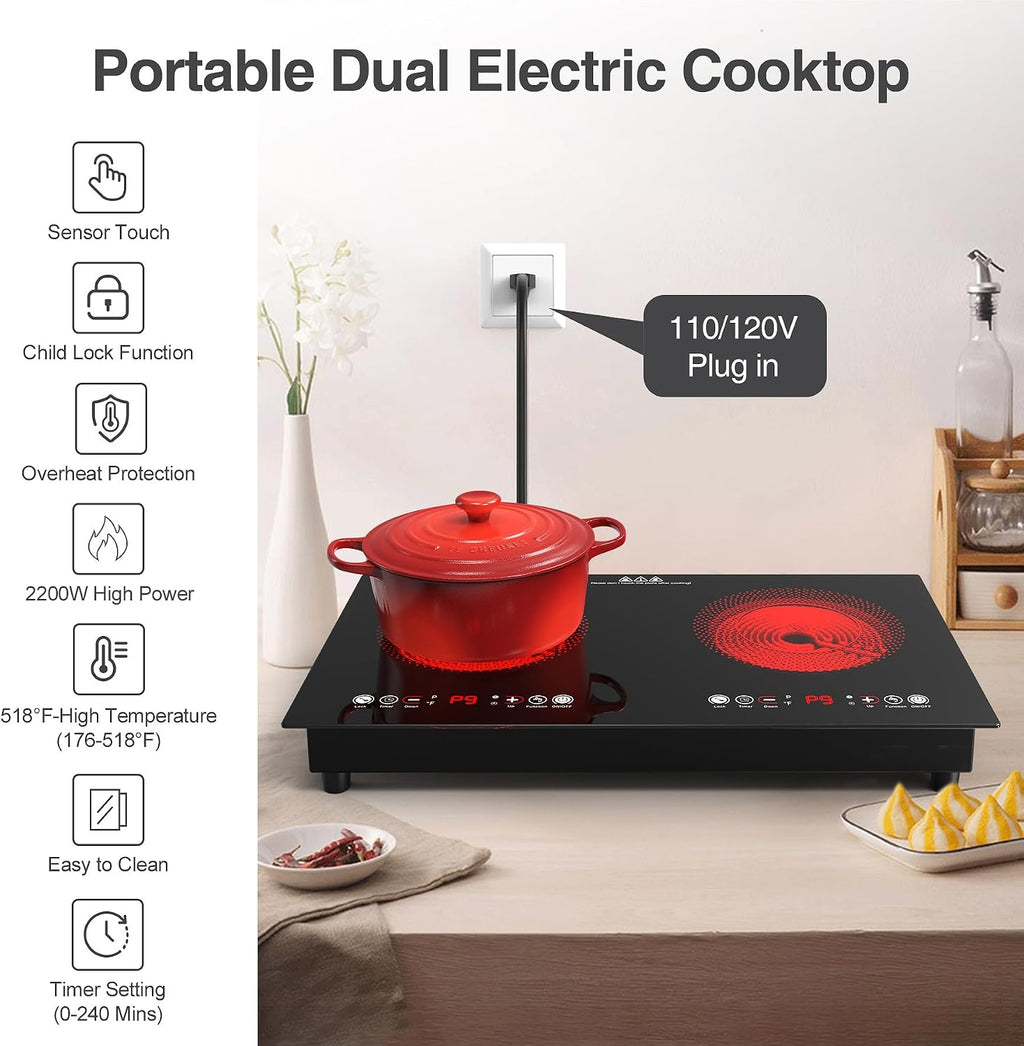 VBGK Single and Double Electric Cooktop, 110V Electric Stove Top with 9 Power Levels, Kids Lock & Timer,LED Touch Control,Overheat Protection Electric Stove