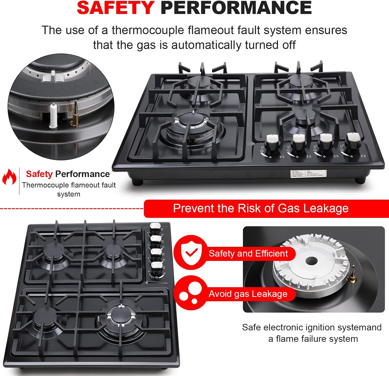 FORIMO Gas Cooktop 22Inch，Built in Gas Cooktop 4 Burners Stainless Steel Stove with NG/LPG Conversion Kit Thermocouple Protection and Easy to Clean