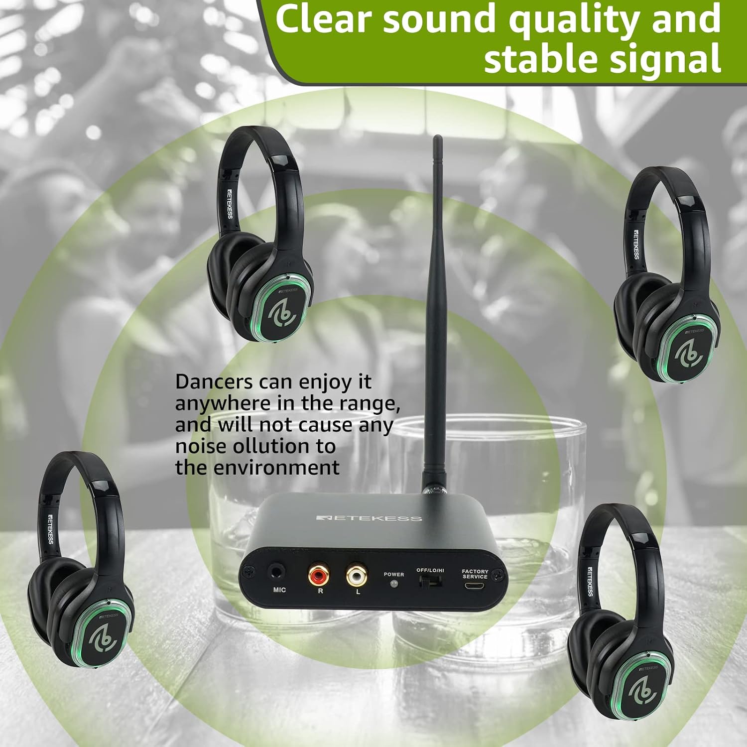 Retekess TA003 Silent Disco Headphone System,Silent Disco Headsets with 3 Channel,LED Lights,Hi-Fi Sound Quality,Silent Disco Headphones Wireless for Dance Party,Festivals, School (Pack of 4)