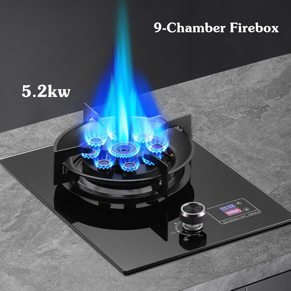 Gas Stove 1 Burner,5.2KW 9-Cavity Countertop Stove,Independent Timer Both Sides,Tempered Glass Cast Iron Pot Rack,NG/LPG Gas Source Kit(NG)