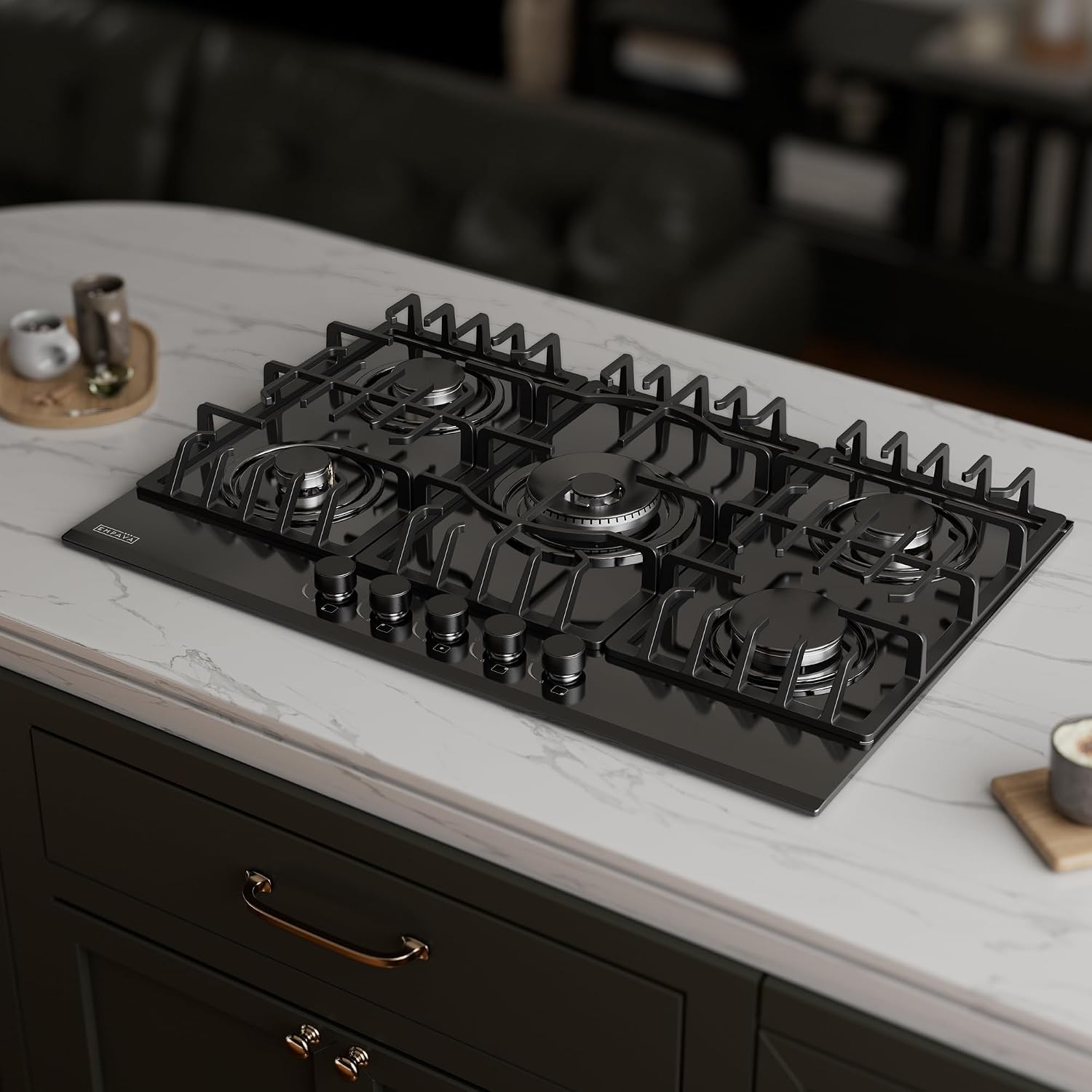 Empava 36' Bulit-in Tempered Glass Gas Cooktops 5 Italy Imported Sabaf Burners Stove Tops, 36 Inch, Black