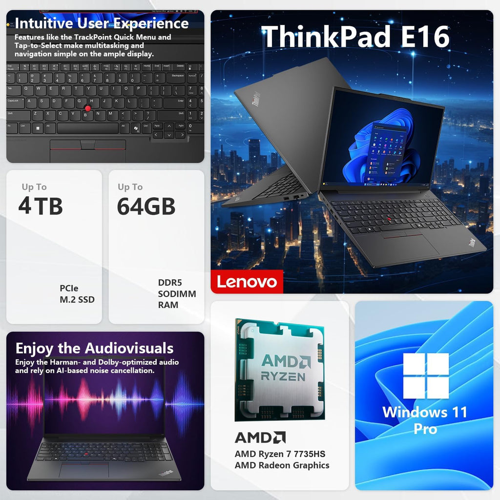 Lenovo ThinkPad E16 16 WUXGA Laptop Computer, 32GB DDR5 RAM, 2TB PCIe SSD, AMD Octa-Core Ryzen 7 7735HS, WiFi 6E, Backlit KB, Fingerprint, Win 11 Pro
