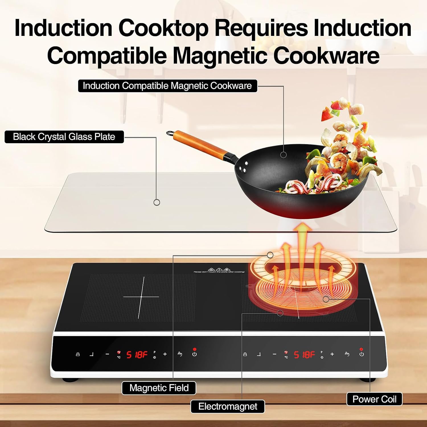 Desktop Double-Head Induction Cooker, 24'' Induction Cooktop with 2 Burners With Led Touch Screen With Child Safety Lock and Timer