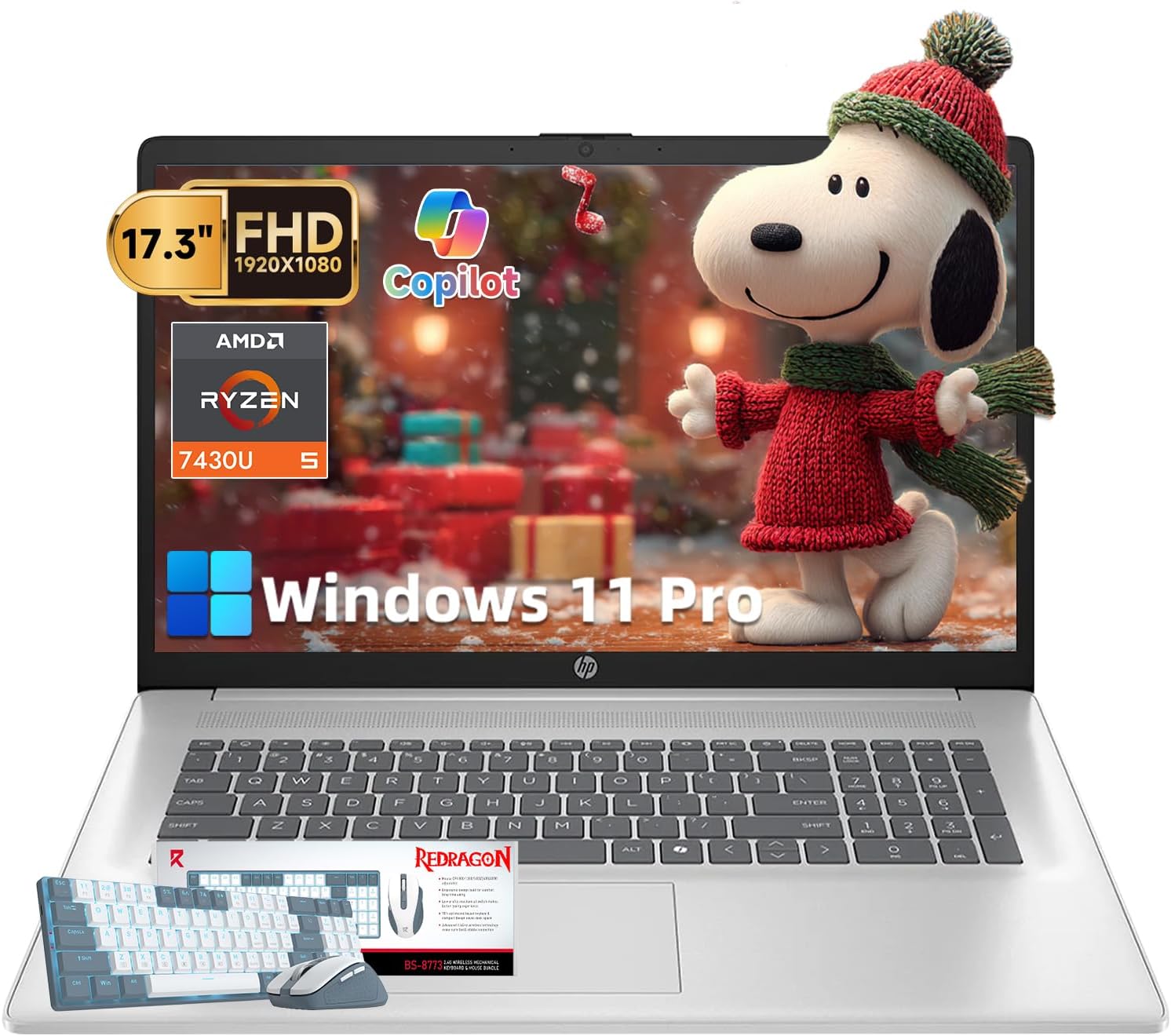 HP 17 inch laptops, AMD Ryzen 5 7430U(Beats i7-1165G7), 16GB RAM 512GB NVMe SSD Windows 11 Pro, 17.3' FHD IPS, Copilot AI, Numeric Keyboard, Type-c, Patented KB Kit