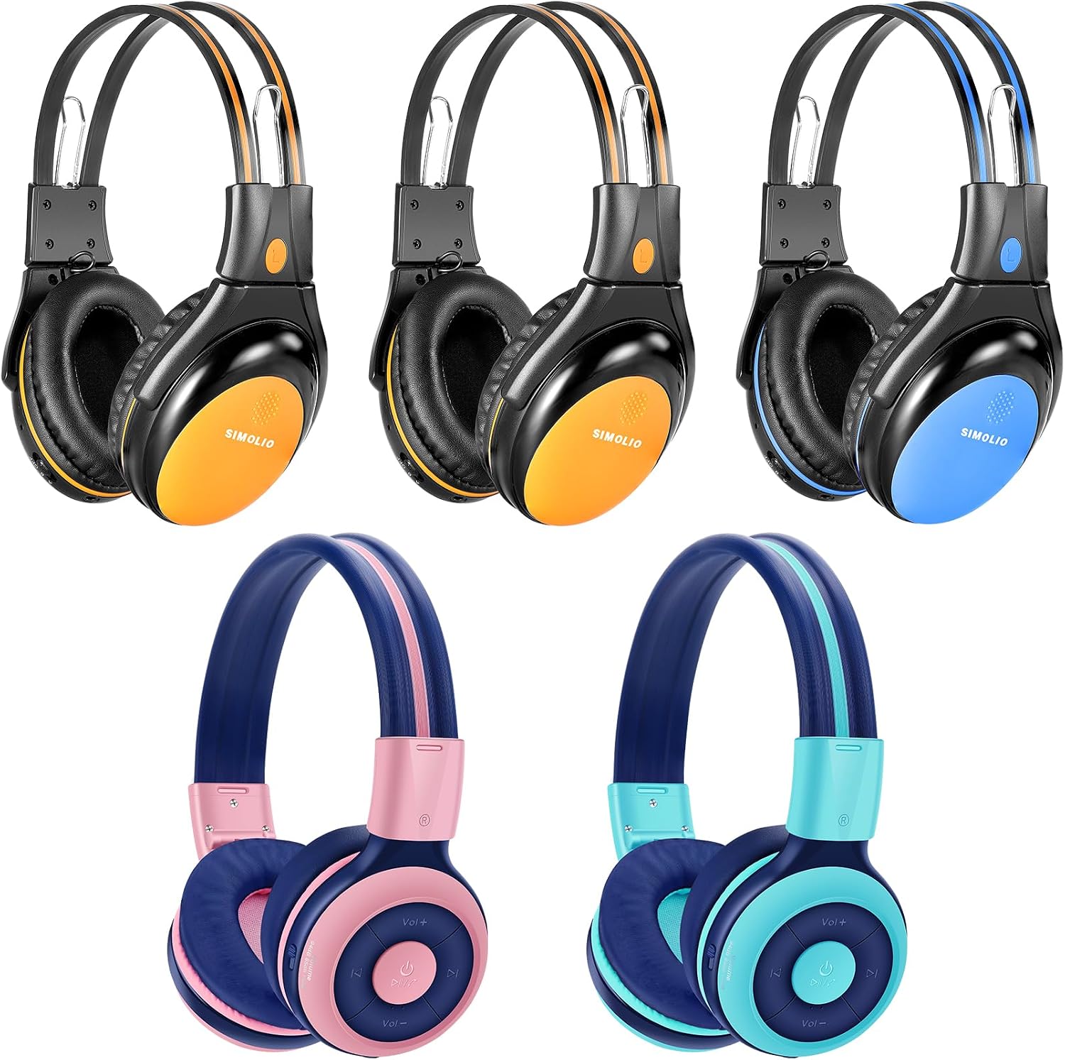 SIMOLIO 3 Pack Wireless IR Headphones for Car DVD and 2 Pack Bluetooth Headphones for Kids, Car Headsets Compatible with Honda Odyssey & uConnect VES & Dodge Grand Caravan & Chevy Suburban 2006-2022