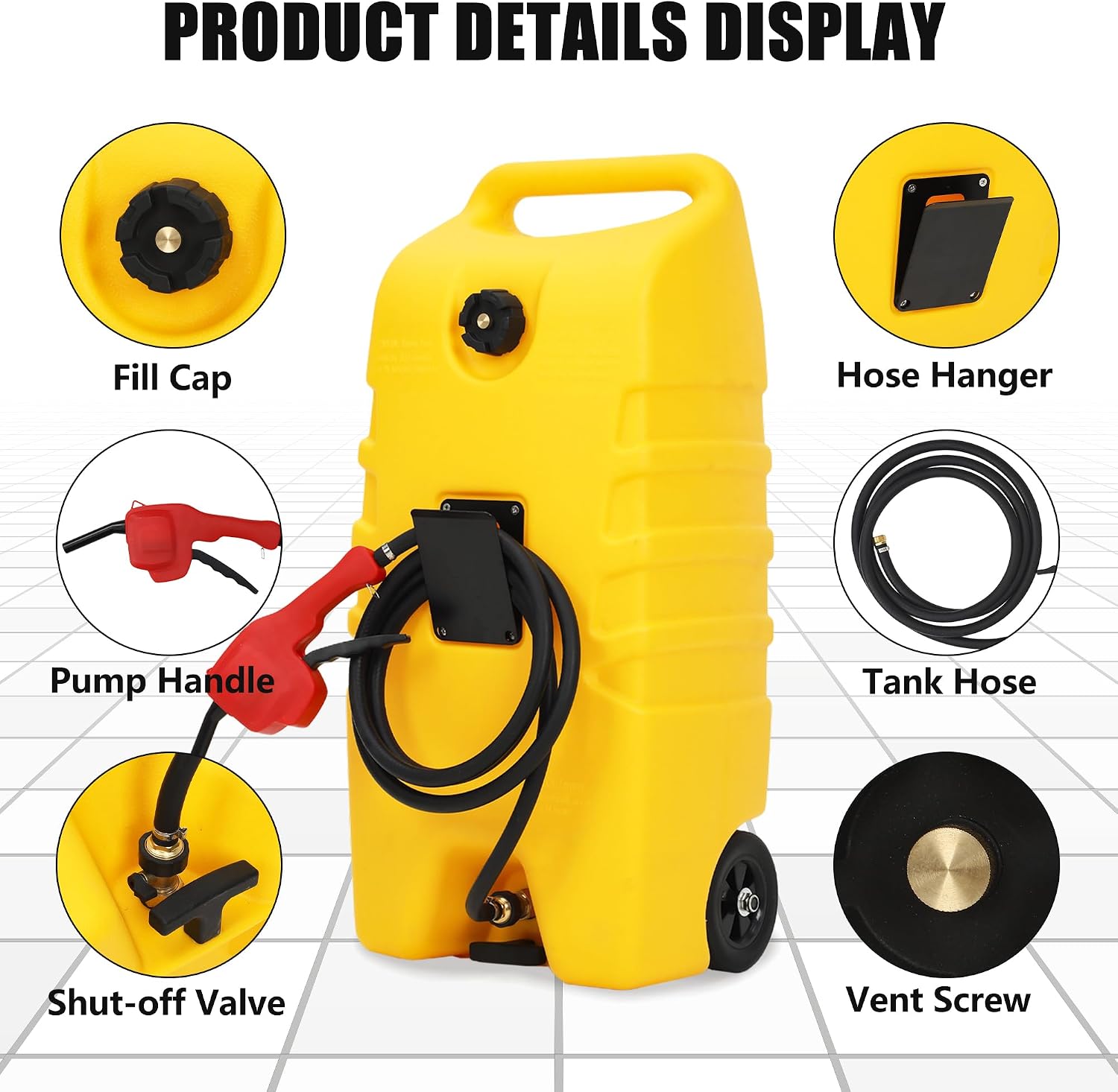 Garvee 15 Gallon Gas Can, Fuel Caddy with Pump, Fuel Transfer Tanks with 10 FT Delivery Hose Diesel Fuel Can for Cars, Lawn Mowers, Boats,Medium, Yellow