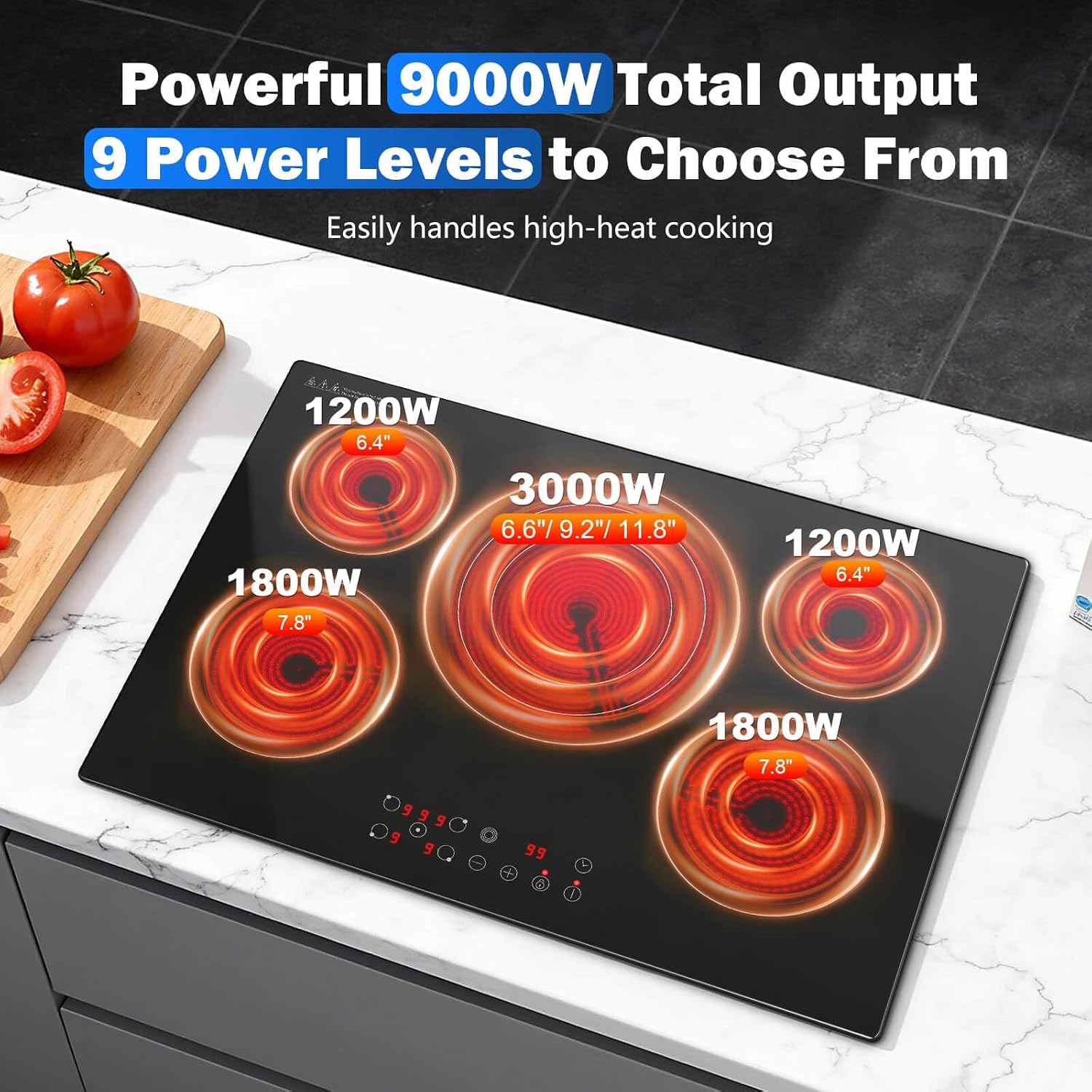 SNDOAS Electric Cooktop 30 inch,9000W 5-Burner Built-in Electric Stove Top with Ceramic Glass & 9 Power Levels,240V Hardwired,Child Lock & Overheat Protection,30' for Standard Countertop Cutout