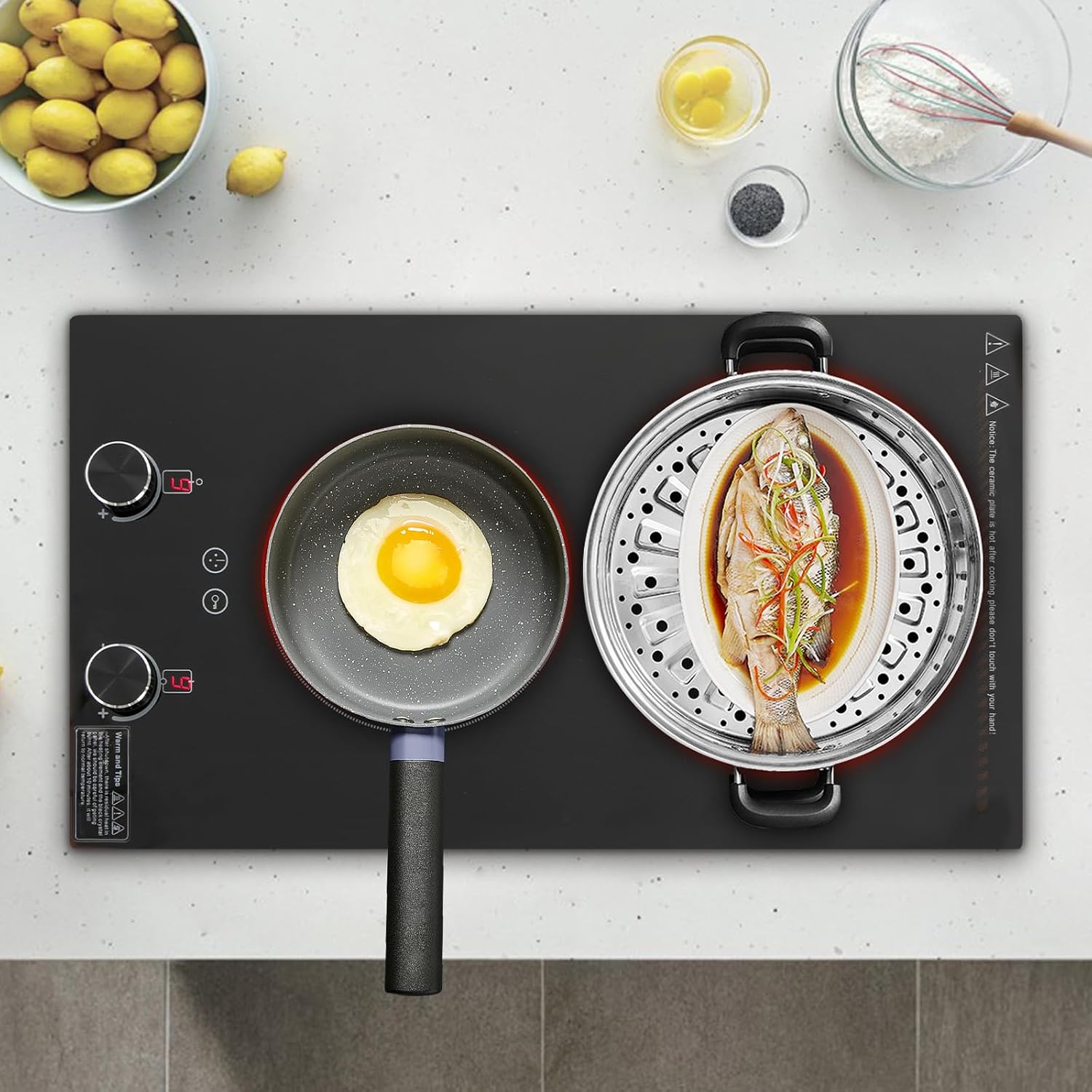 Electric Hob Cook Top Stove,110V Induction Cooktop, Electric Stove, 2 Burners Ceramic with Knob Control, Cooktop Timer