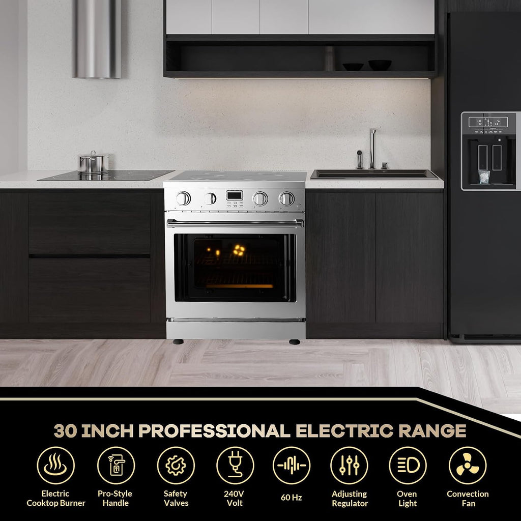 30-Inch Electric Range with 4.8 Cu.Ft Convection Oven, 4 High-Powered Burners, 6 Cooking Modes, Smooth Glass Surface, Built-In Timer, Freestanding Professional Kitchen Stove