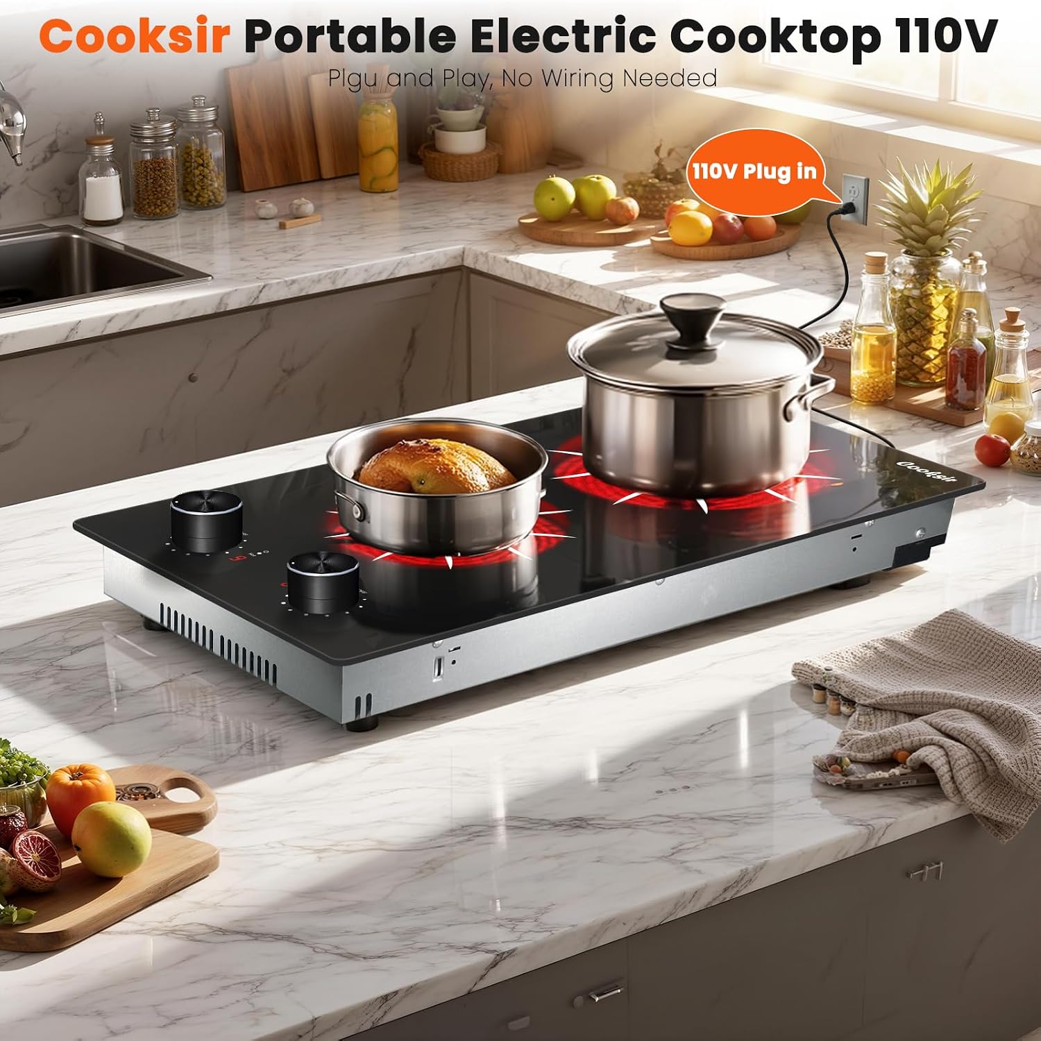 2 Burner Electric Cooktop - 12 Inch 2000W Electric Stove Built-in & Countertop, Two Burner Ceramic Cooktop with Knob Control, 9 Power Level, Over Heat Protection, 110-120V Plug in (Grey Konb)