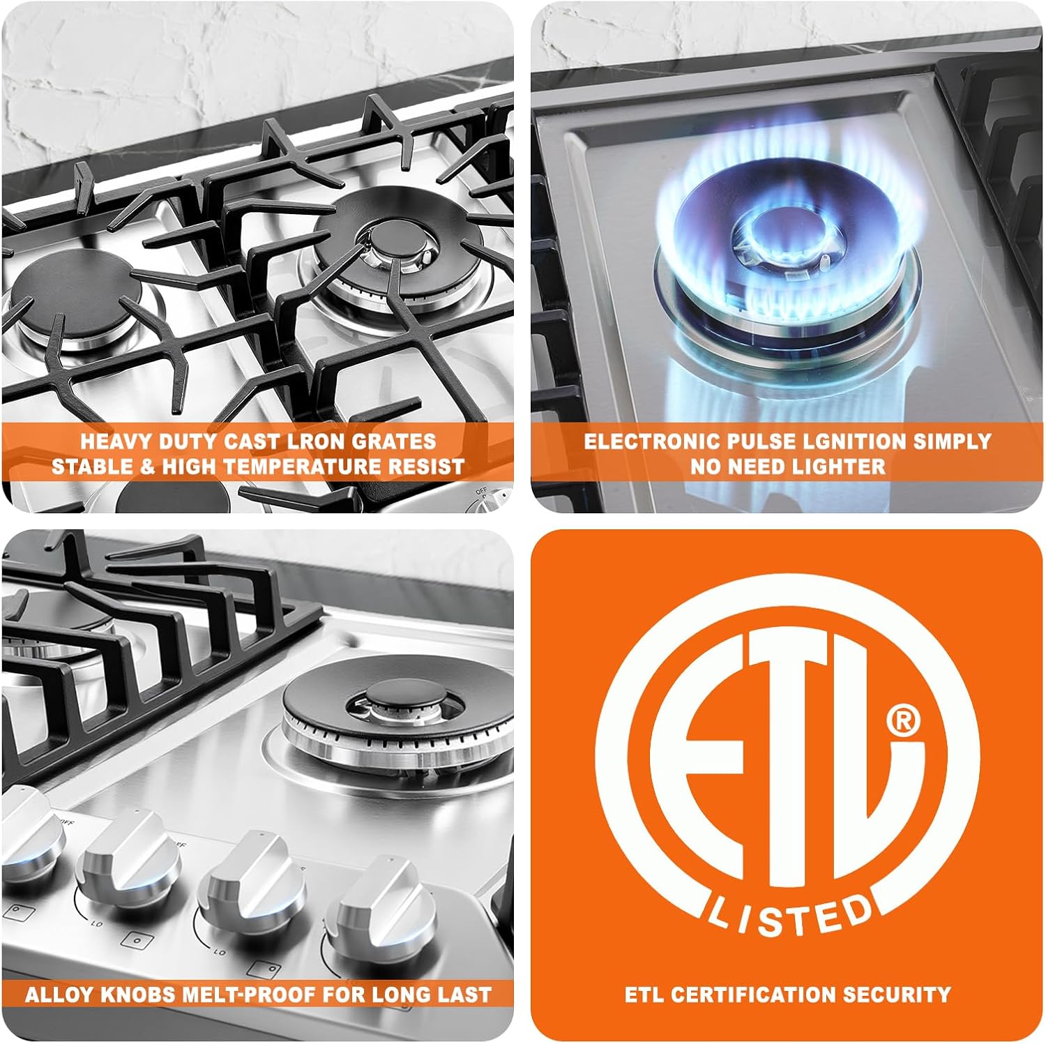 30 inch Gas Cooktop with 5 Italy SABAF Powerful Burners.Max 48,300 BTU/hr Built-in Gas Stove top of 304 Stainless steel,NG/LPG Convertible,ETL.