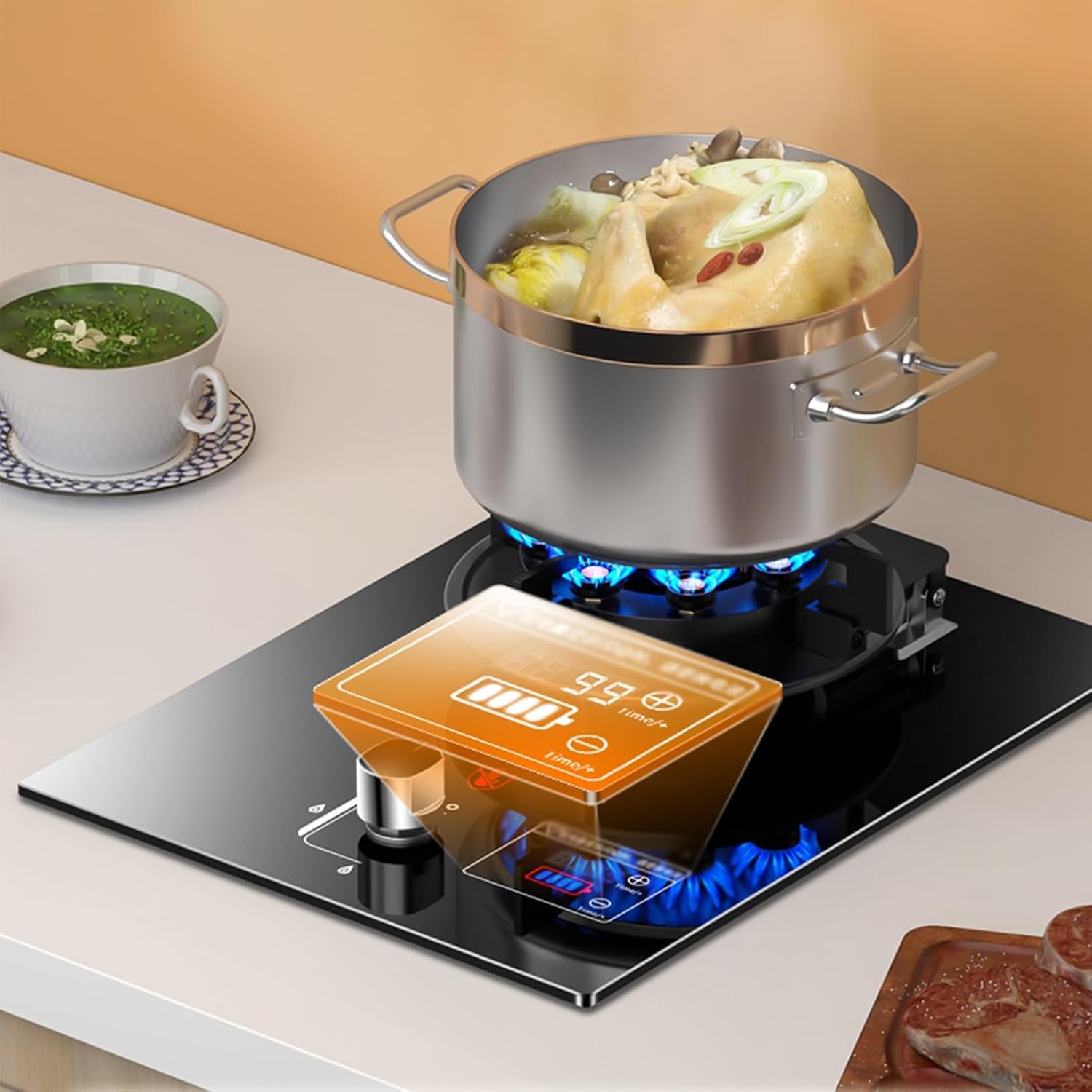 43cm Gas Stove,Gas Cooker 1 Burner,5.2W Nine-Cavity High-fire Timer,Gas/LP Gas Conversion Stove,Tempered Glass Cast Iron Pot Rack,with Flameout Protection(LPG)