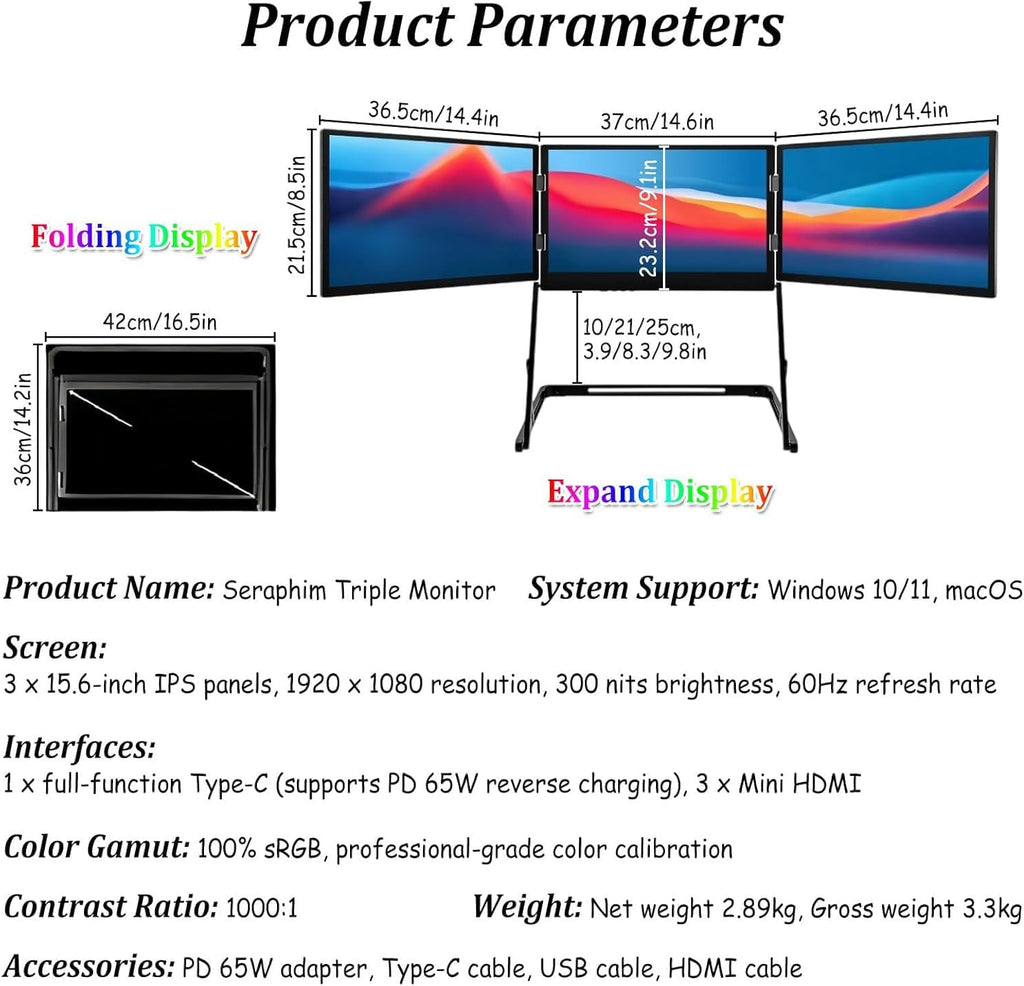 15.6in Laptop Tri-Fold Monitor, 1920 x 1080 FHD Portable Laptop Screen Extender, Extended Screen with 360° Rotation Acjustable Viewing Angles