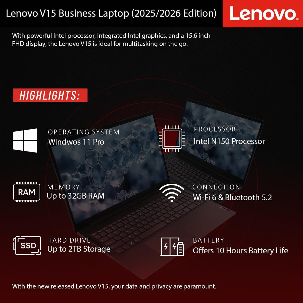 Lenovo 2026 Business and Student Laptop with MS 365 for Web, Intel Powerful Processor, 8GB DDR5, 512GB PCIE, 15.6' FHD Anti-Glare Display, Fast Charging Speed, 14.5-Hour Battery Life, Windows 11 Pro