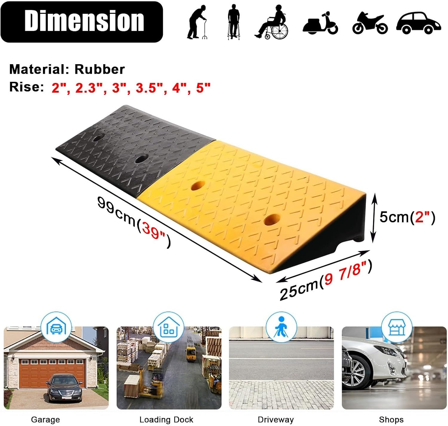 2'/ 2.3'/ 3'/ 3.5'/ 4'/ 5' Rise Rubber Curb Ramp for Driveway, Heavy Duty Car Wheelchairs Slope Kerb Ramps with Screws, Non-Skid Threshold Ramp (Size : 2 inch Rise)