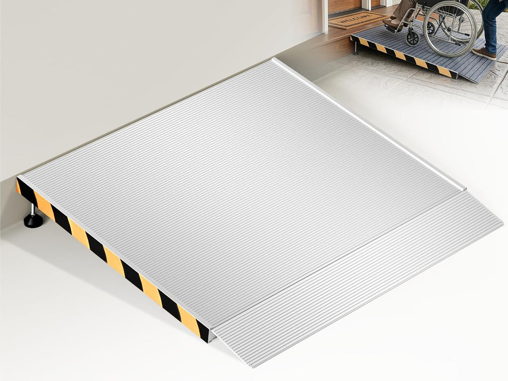 Aluminum Threshold Ramp for Doorways, 36' x 36', Adjustable for 3.34' to 6.3' Rise, Includes Non-Slip Thick Door Mat, Non-Slip Surface, Portable Wheelchair Ramp for Steps, Curbs and Entryways