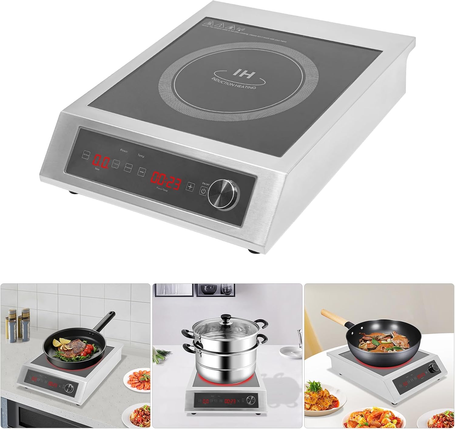 Commercial Induction Cooktop, 3500W Portable Cooker with 9.06' Energy-Gathering Heating Plate, Precise Temp Control (140-536°F), Touch & Knob Control, Timer, NSF Certified