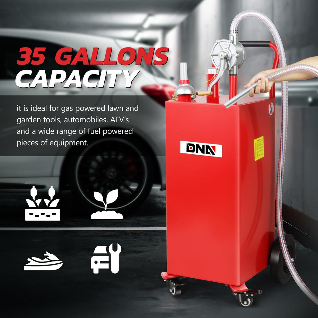 DNA MOTORING 35 Gallon Gas Caddy Fuel Tank Container, Large Gasoline Diesel Can with Wheels, Rotary Hand Pump for Cars, Lawn Mowers, ATVs, Boats, TOOLS-00387