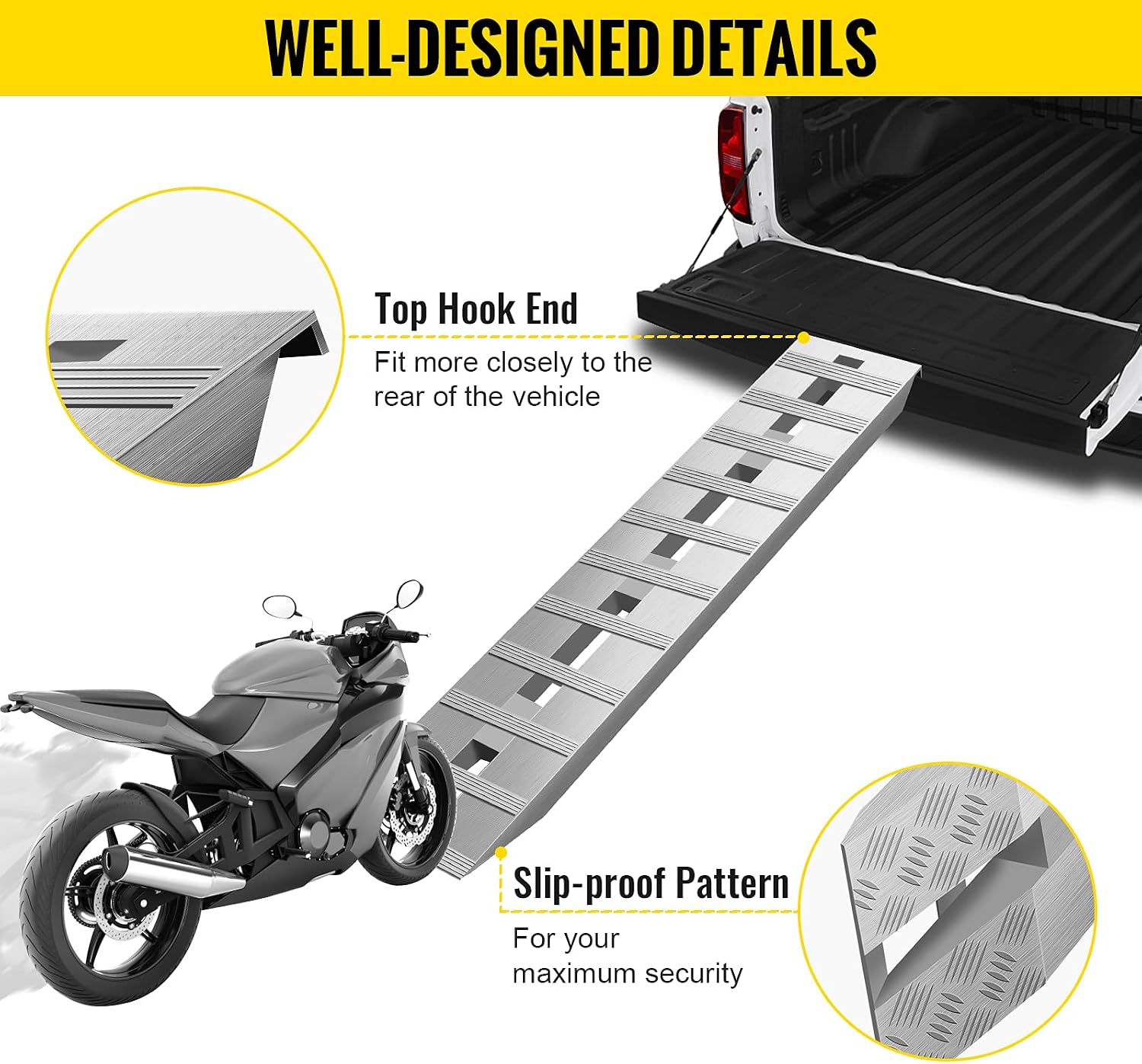 VEVOR Aluminum Ramps, 6000 lbs, Heavy-Duty Ramps with Top Hook Attaching End, Universal Loading Ramp for Motorcycle, Tractor, ATV/UTV, Trucks, Lawn Mower, 60' L x 12' W, 2Pcs