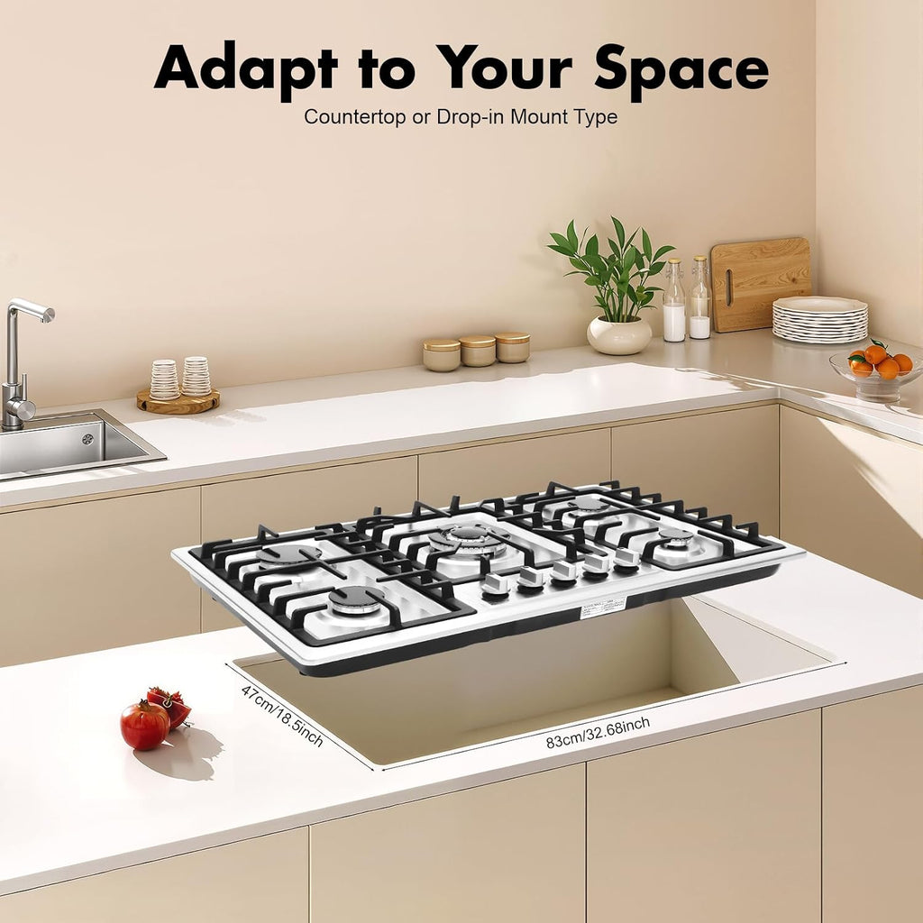 34 inch Gas Cooktop, Stainless Steel Built-in 5 Burners Stovetop, LPG/NG Dual Fuel Auto Ignition Gas Hob, Propane Stove Top with Thermocouple Protection for Apartments Indoor