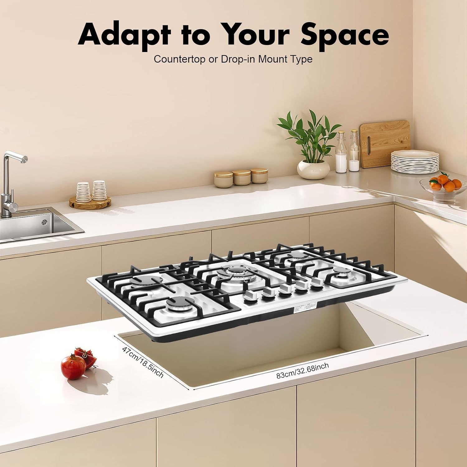 34 inch Gas Cooktop, Stainless Steel Built-in 5 Burners Stovetop, LPG/NG Dual Fuel Auto Ignition Gas Hob, Propane Stove Top with Thermocouple Protection for Apartments Indoor
