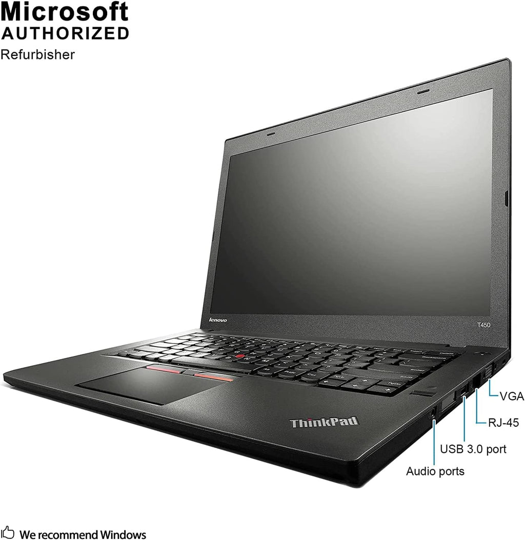 Lenovo ThinkPad T450 14in HD Business Laptop Computer, Intel Dual-Core i5-5300U Up to 2.9GHz, 8GB RAM, 256GB SSD, HDMI, 802.11ac WiFi, Bluetooth, Windows 10 Professional (Renewed)