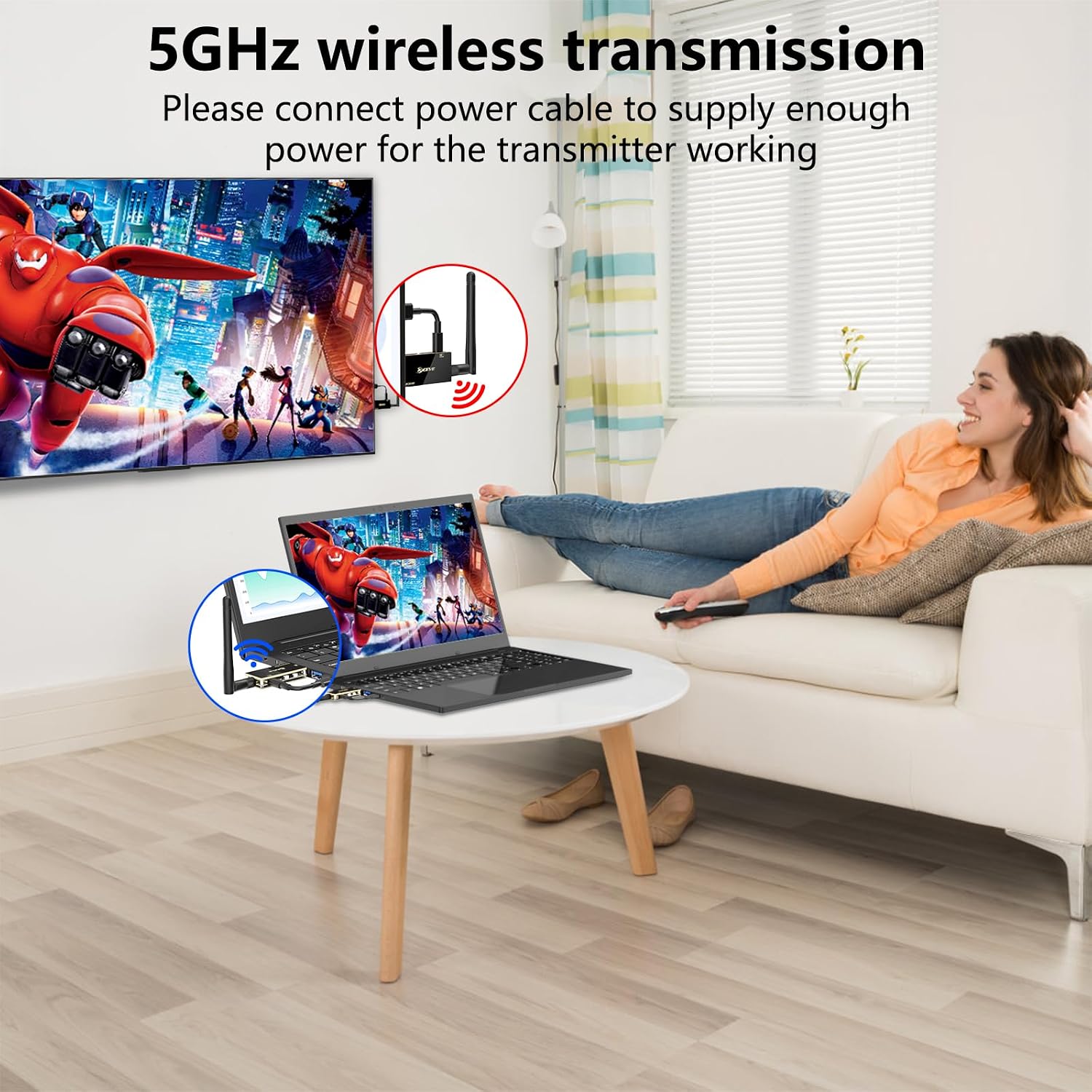 HDMI Wireless Transmitter and Receiver with USB Mouse/Keyboard Port, with KVM Function Wireless Extender Kit with Antenna, No Shell Desigh for Better Heat Dissipation, 200m/656ft Range