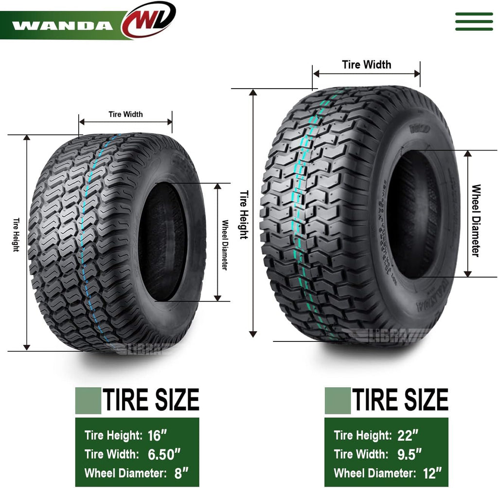WANDA Set 4 16X6.5-8 & 22X9.5-12 Lawn Mower Tractor Cart Turf Tires 4 Ply-13019/13135