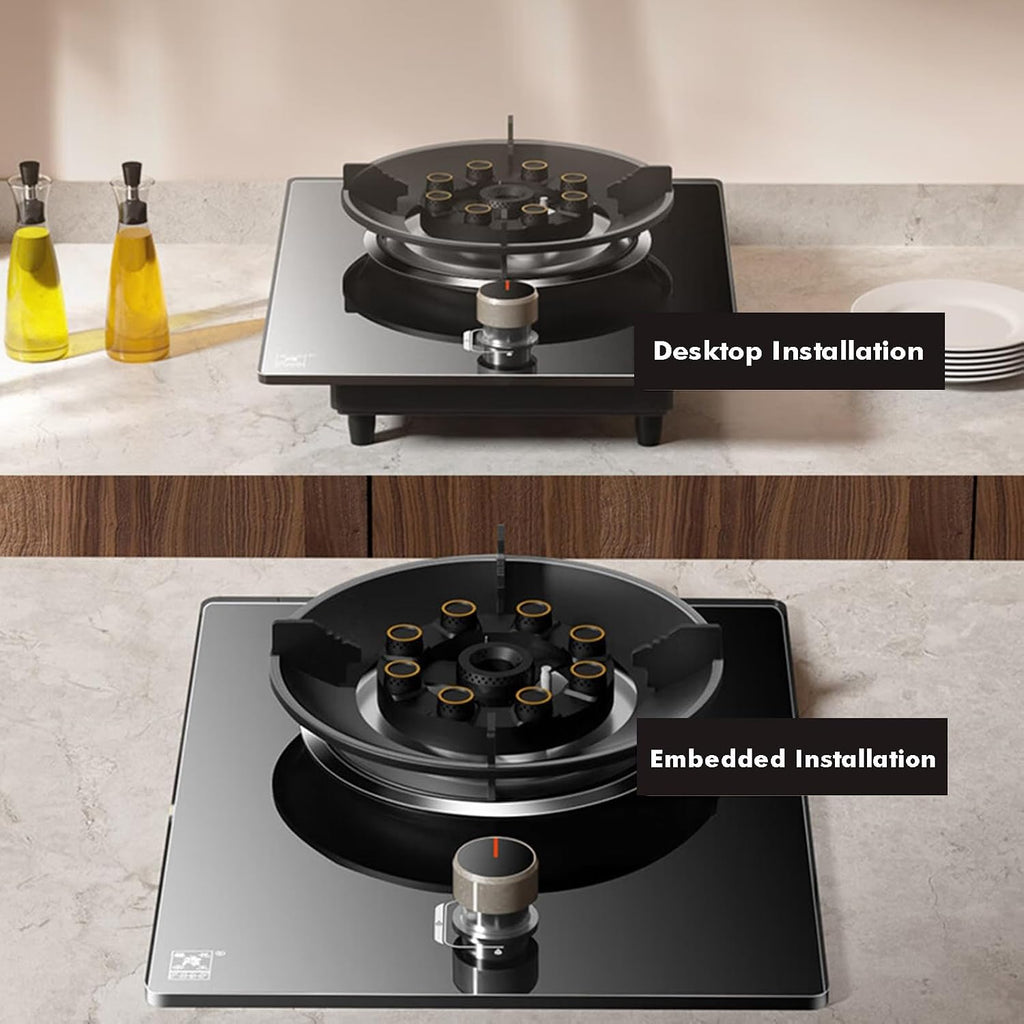 Gas Stove 1 Burner,5.2W 9-Cavity High-fire Frying Pan,Tempered Glass Cast Iron Pot Rack,Gas/LP Gas Conversion Stove,with Flameout Protection,for Home Kitchen(LPG)
