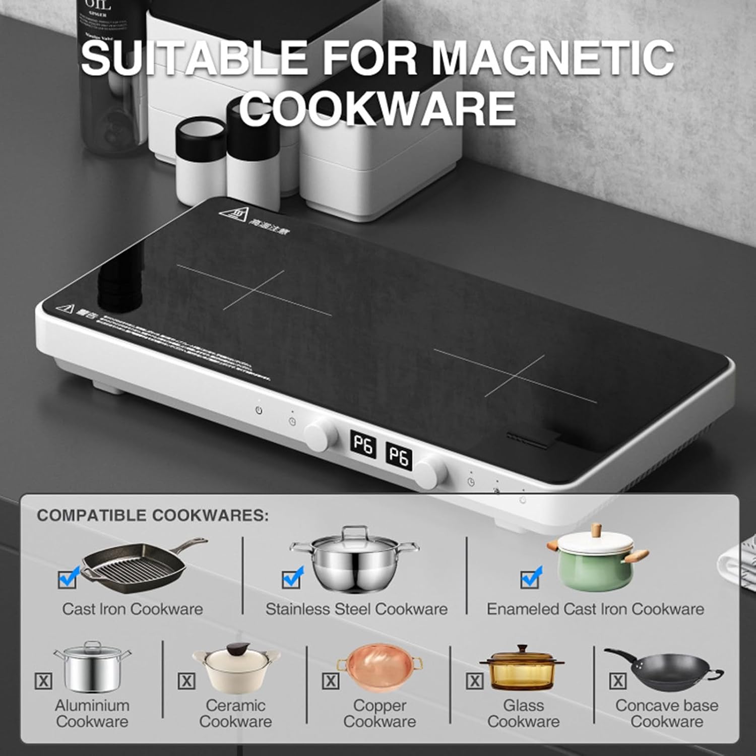 Dual Induction Cooktop, 2 Burner Electric Cooktop with Removable Griddle Non-Stick, Induction Burner, Suitable for Magnetic Cookware