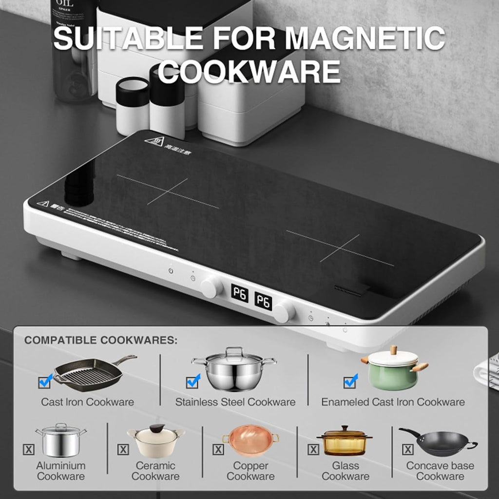 2-In-1-Griddle and Induction Cooktop, 2 Burner Electric Cooktop with Removable Griddle Non-Stick Pan, Induction Burner, for Magnetic Cookware