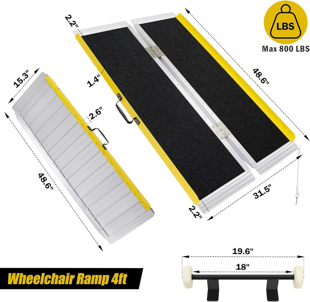 Portable Wheelchair Ramp 4FT, Rolling Base with Wheels for Effortless Transport, Foldable Handicap Ramps with Non-Slip Surface, 800 LBS Capacity, Wheelchair Ramps for Steps, Stairs, Doorways, Curbs