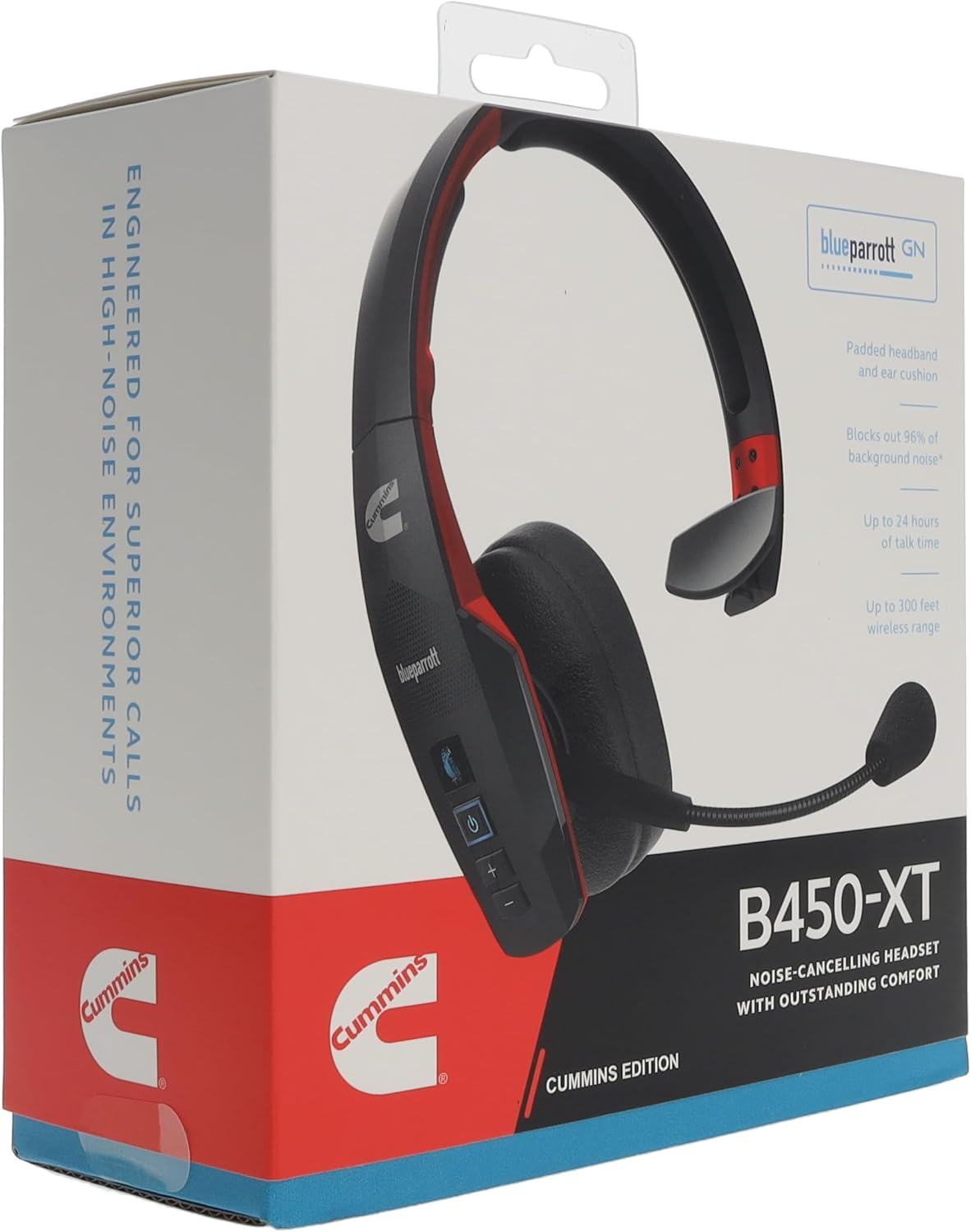 Cummins Edition BlueParrott B450-XT Noise Cancelling Bluetooth Headset – Unique Design with Industry Leading Sound & Improved Comfort, Up to 24 Hours of Talk Time, IP54-Rated, Black Red