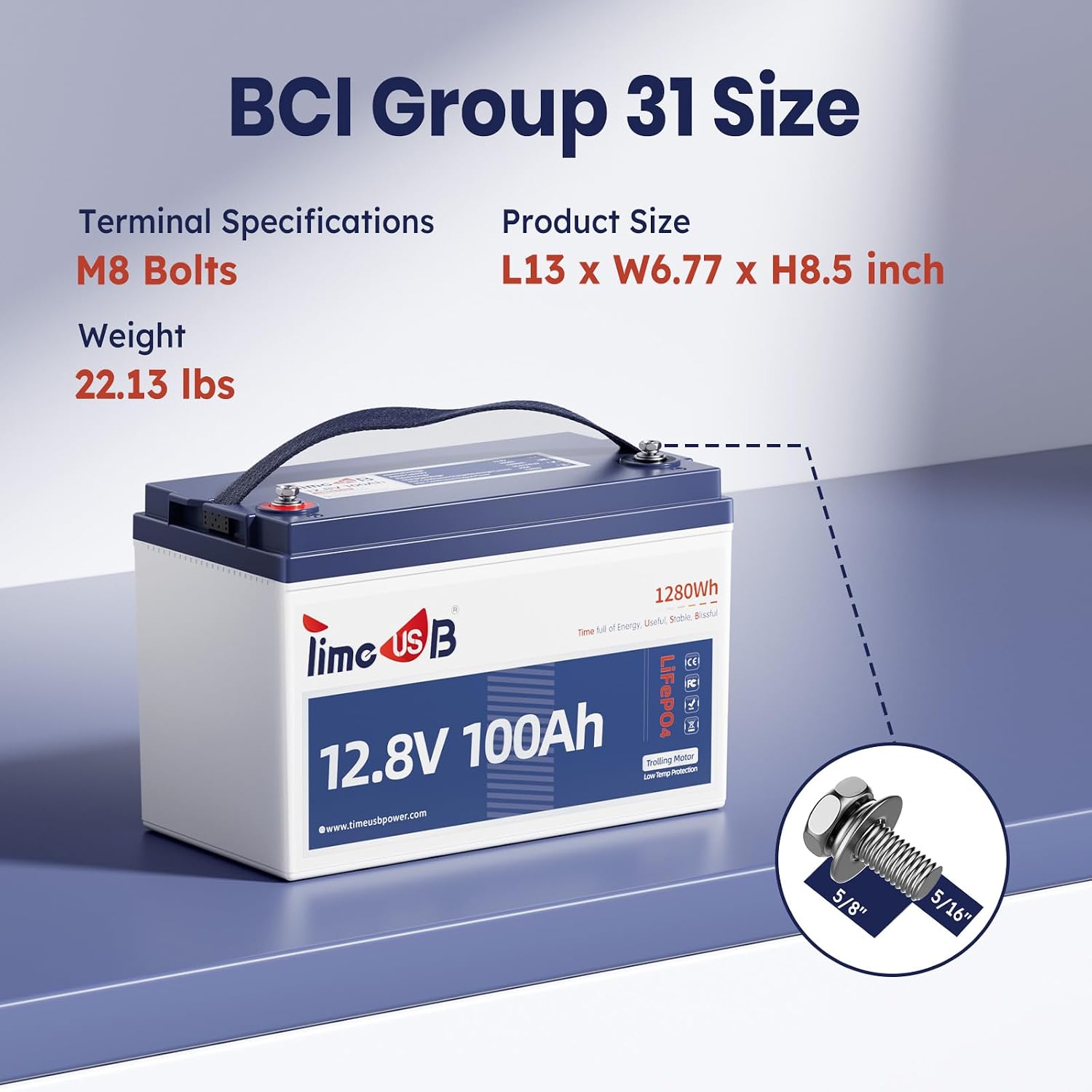Timeusb 12V 100Ah Trolling Motors LiFePO4 Lithium Battery Group 31 with Low-Temp Protection, 15000 Deep Cycle Marine Batteries with 100A BMS, 1280Wh Energy, Perfect for Boat, RV, Solar, Energy Storage