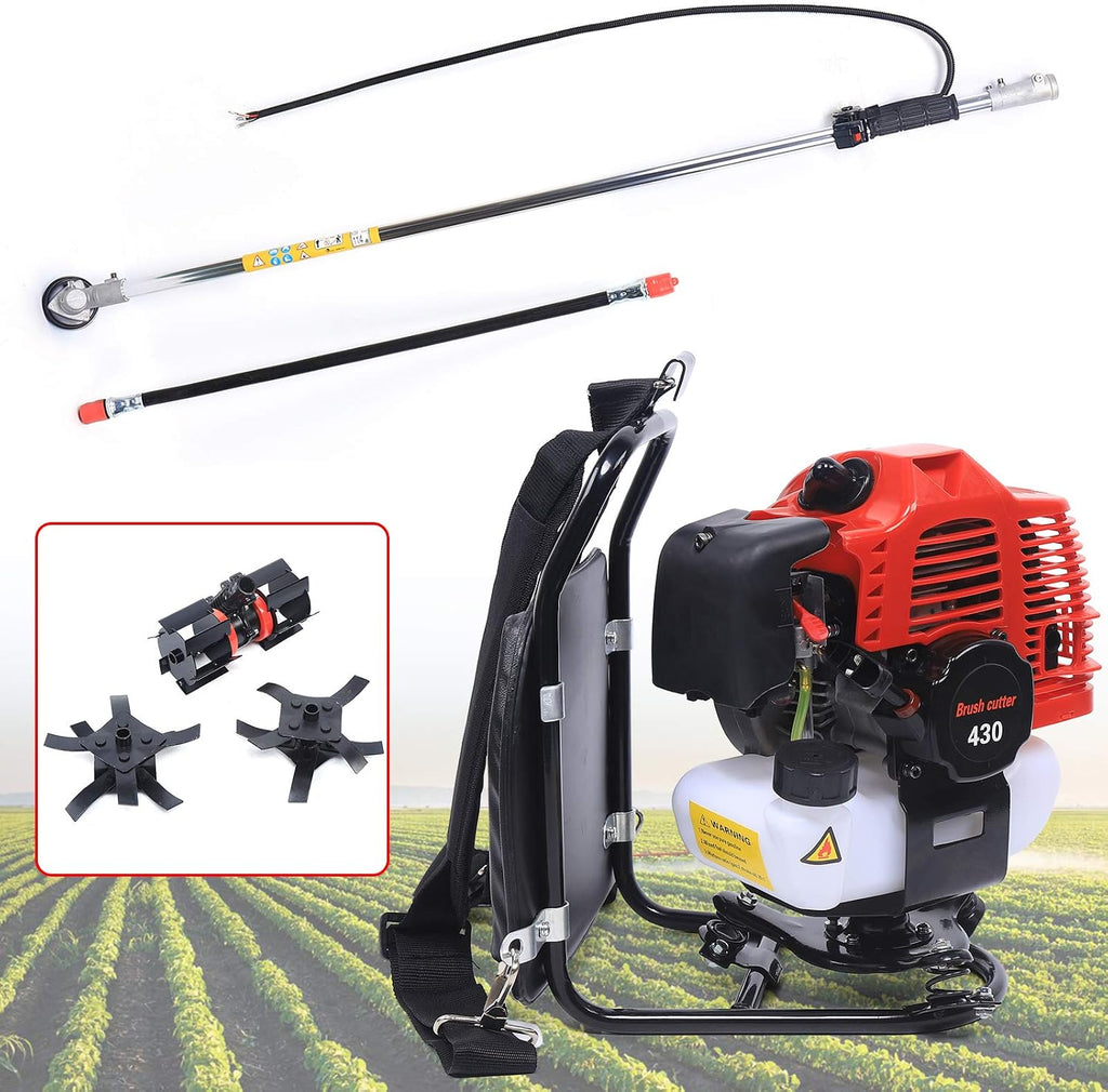 Backpack Gas Garden Brush Cutter Tiller, 3 in 1 43CC 2 Stroke Lawn Mower Brush Cutter Grass Hedge Trimmer, Cultivator Lawn Mower for Farmland Weeding Harvesting Clearing Ditching (2-Stroke)