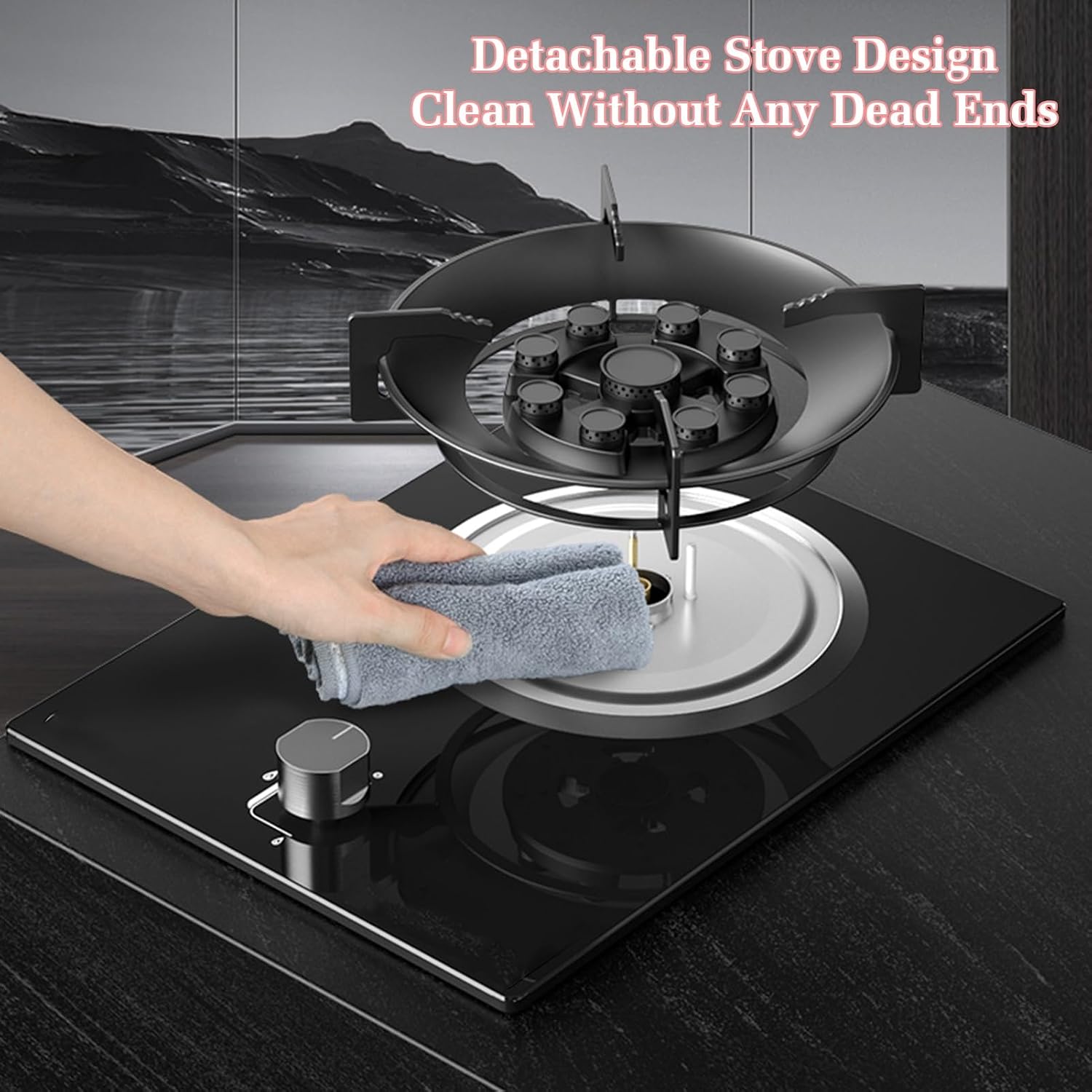 Gas Cooker 1 Burner,5.2KW Nine-Chamber Fire Ring Frying Pan,Tempered Glass Cooktop with Flame Out Protection,NG/LPG Gas Conversion(LPG)