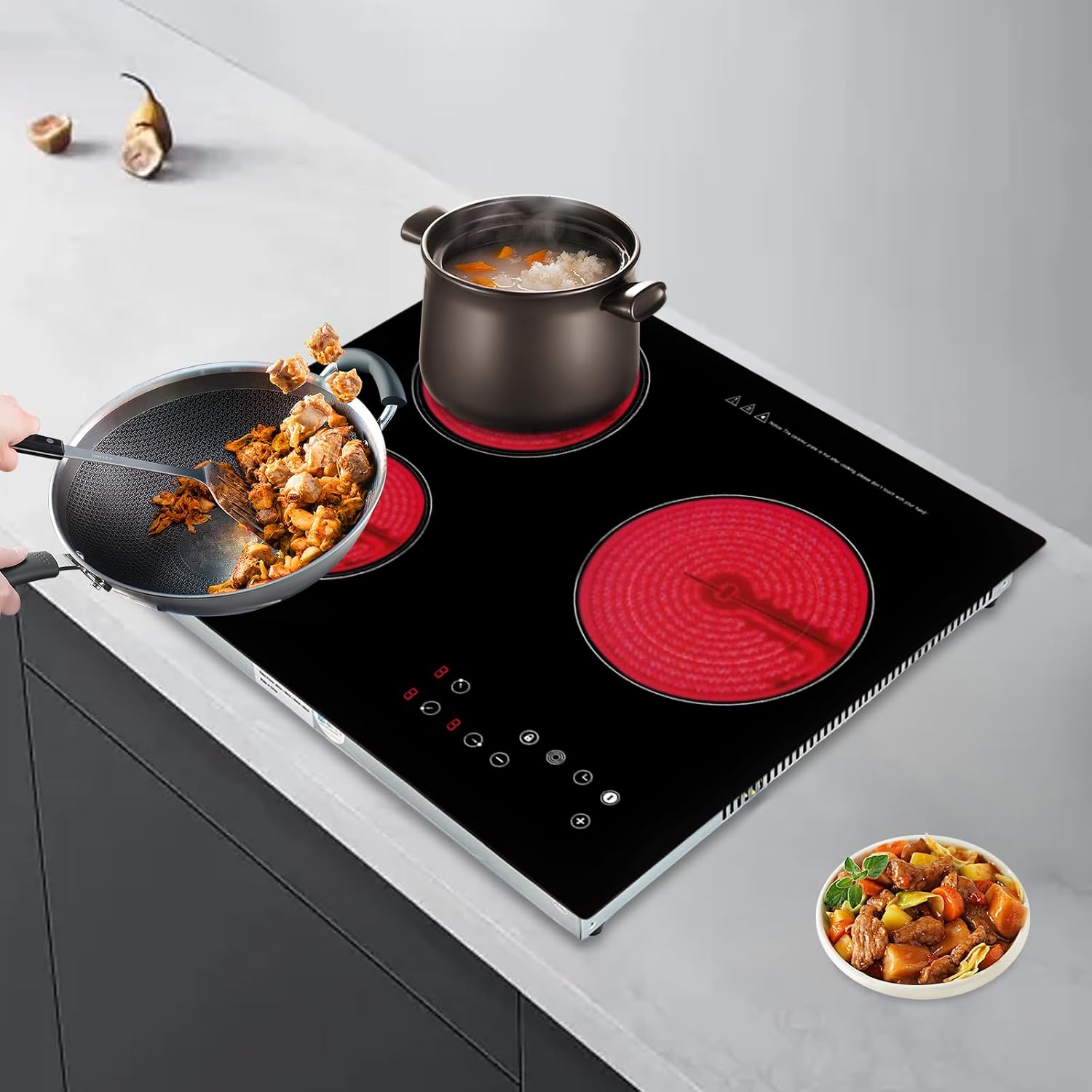 Electric Cooktop,3 Burners Ceramic Cooktop,Touch-adjustable Control Built-in Radiant Stove with LED Display Screen,Ceramic Cooktop with Safety Lock,Timer,Over-Temperature Protection (2600W 3 Burners)