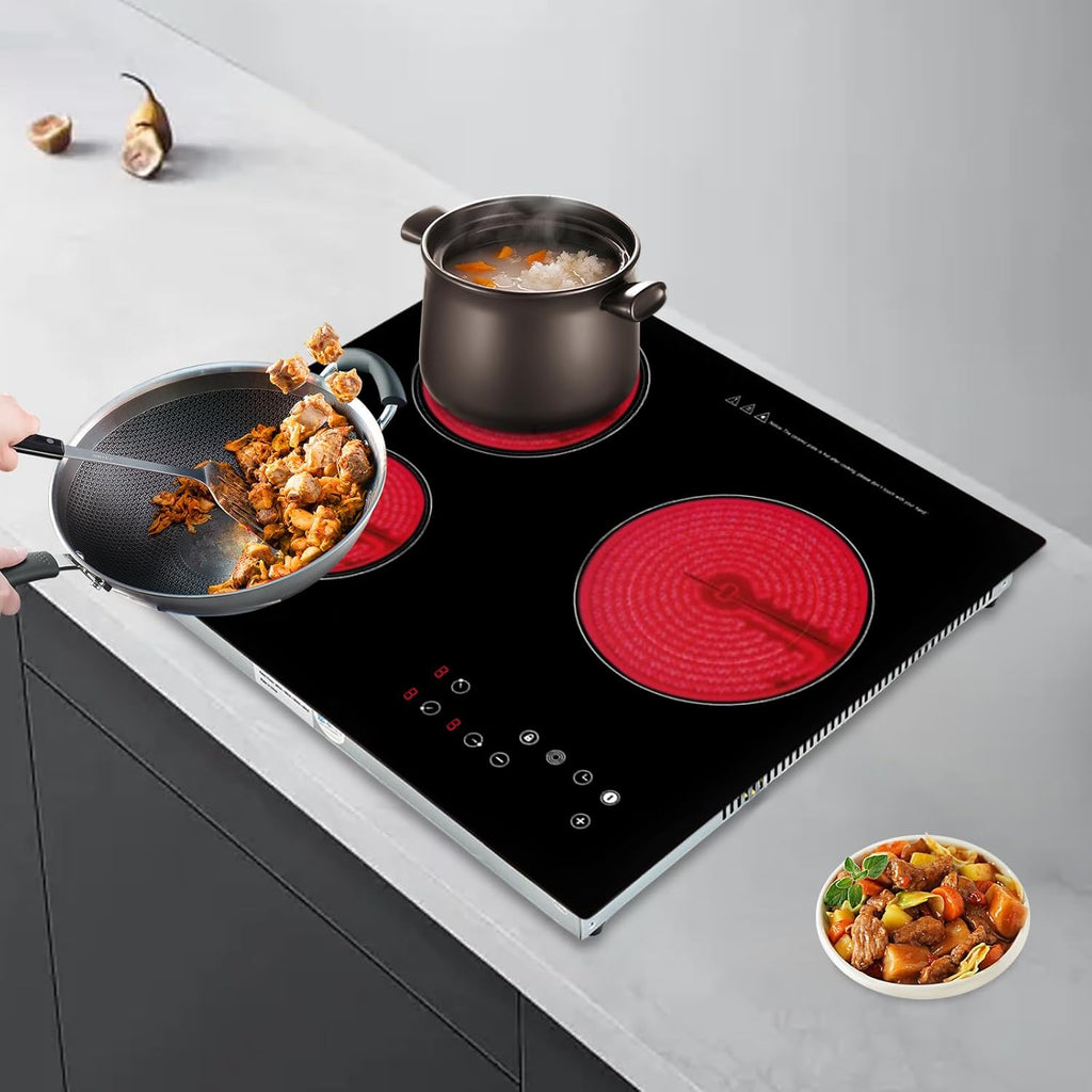 110v Electric Stove Top Burner, Rv Ceramic Cooktop, Sensor Touch Control With Safety Lock, Timer ＆ 9 Heating Levels, Black (3 Burner, 800W+600W+1200W)