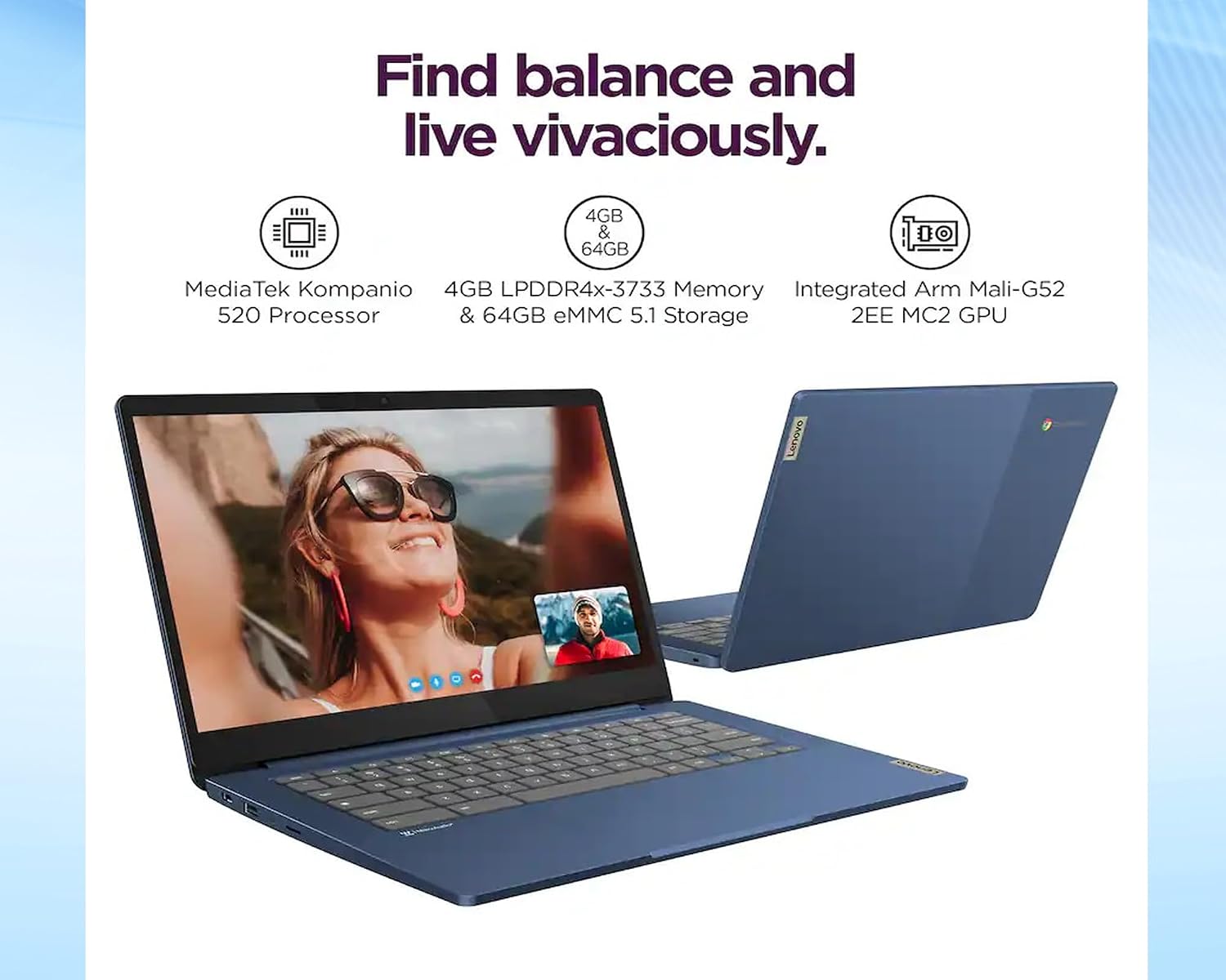 Lenovo IdeaPad Slim 3 Chromebook 14' FHD Touchscreen Laptop, MediaTek (8-Core) CPU, 4GB RAM|64GB eMMC+64GB USB Flash Drive| Chrome OS| Wi-Fi 6| SD Card Reader| Blue| for Business & Students|RK Bundle
