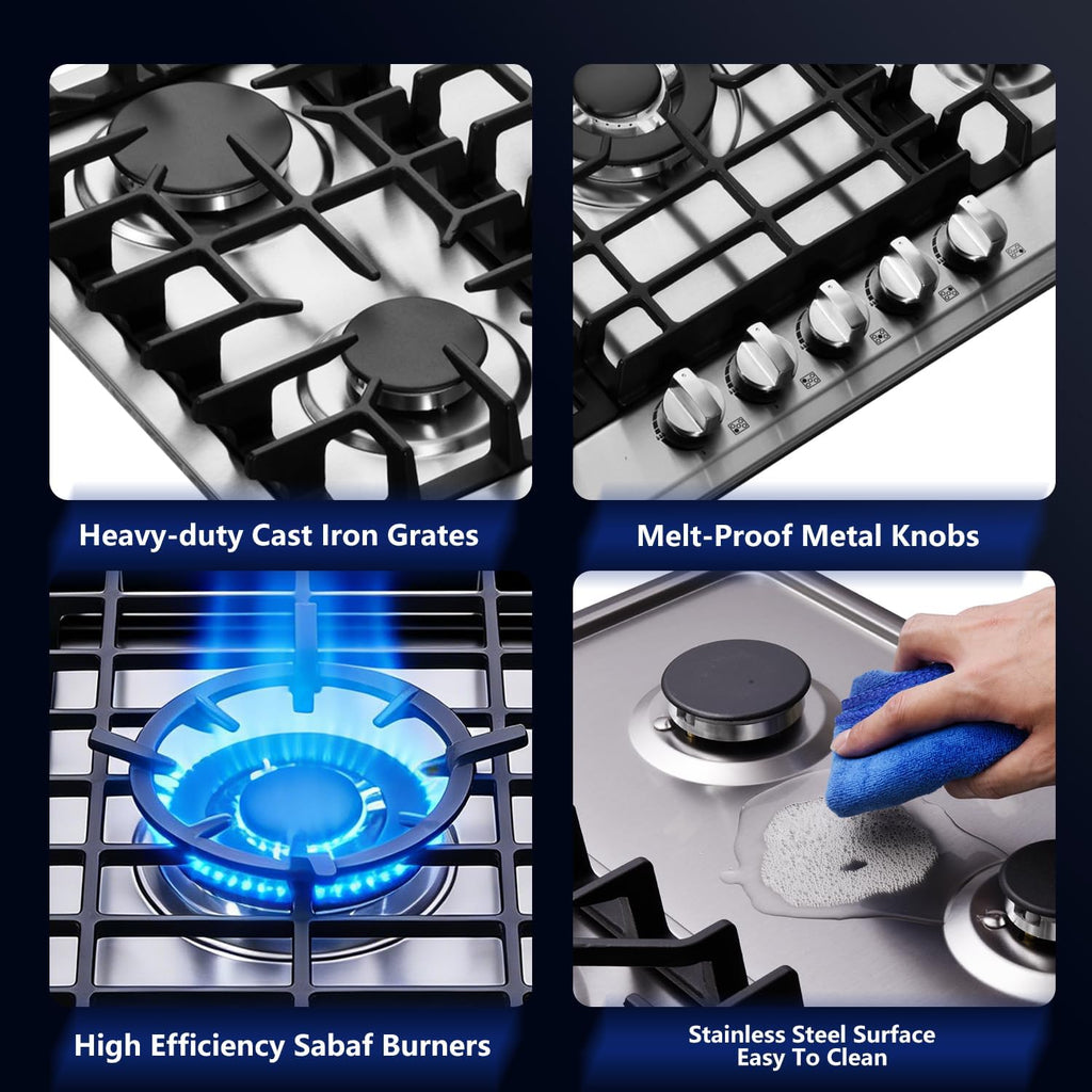 30 Inch Gas Cooktop, Built-in 5 Burners Stainless Steel Stovetop Propane/Natural Gas Convertible Stove Top Dual Fuel Cooktop