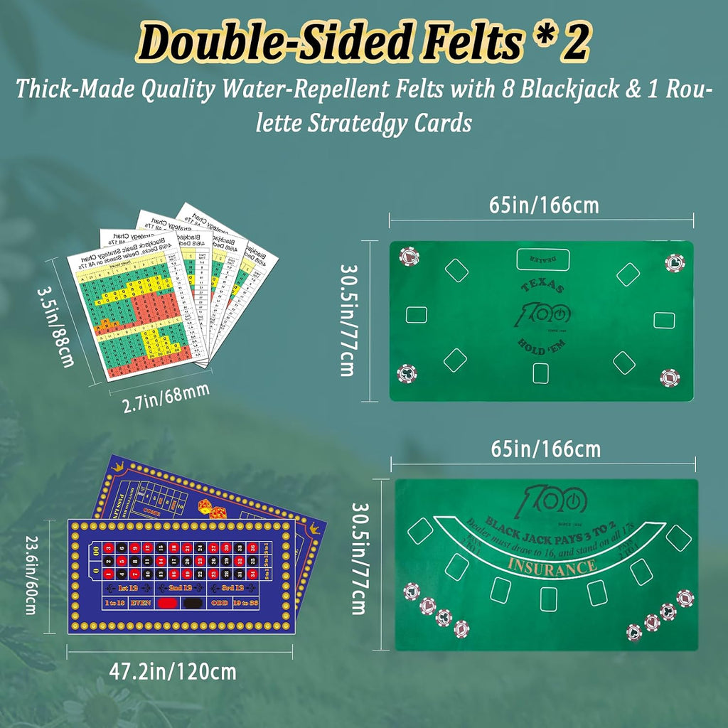5 in 1 Premium Casino Game Set: Blackjack/Roulette/Craps/Texas Holdem/Poker Game Kit with 360 Chip+8 Deck Card+Roulette Wheel+2 Two-Sided Felt+6 Dice+Stratedgy Card,Texas Holdem Poker Blackjack Set
