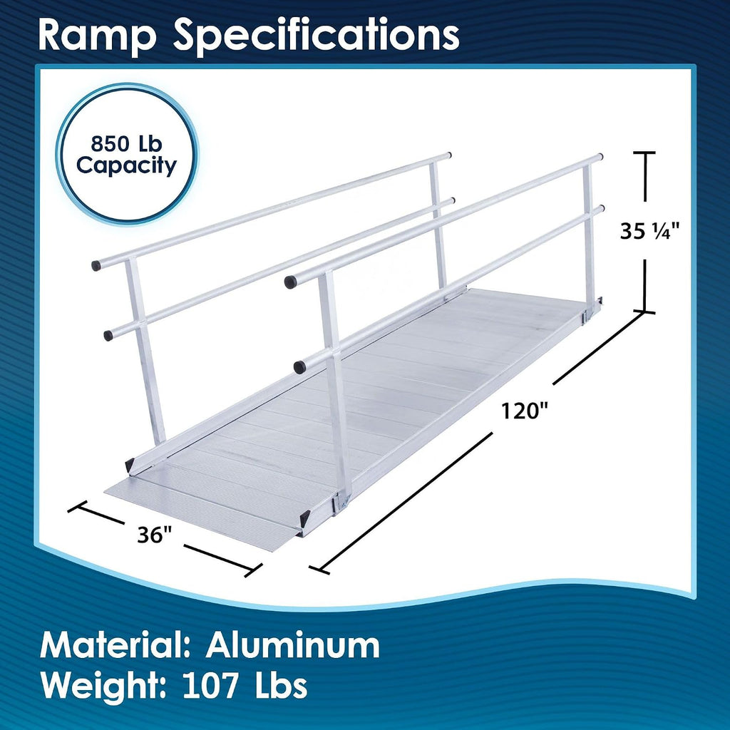 10' Wheelchair Ramp for Home Steps, 850 lb Capacity, Handrails, Non-Slip, Entry Access for Mobility Scooters, Power Chairs, Silver Spring