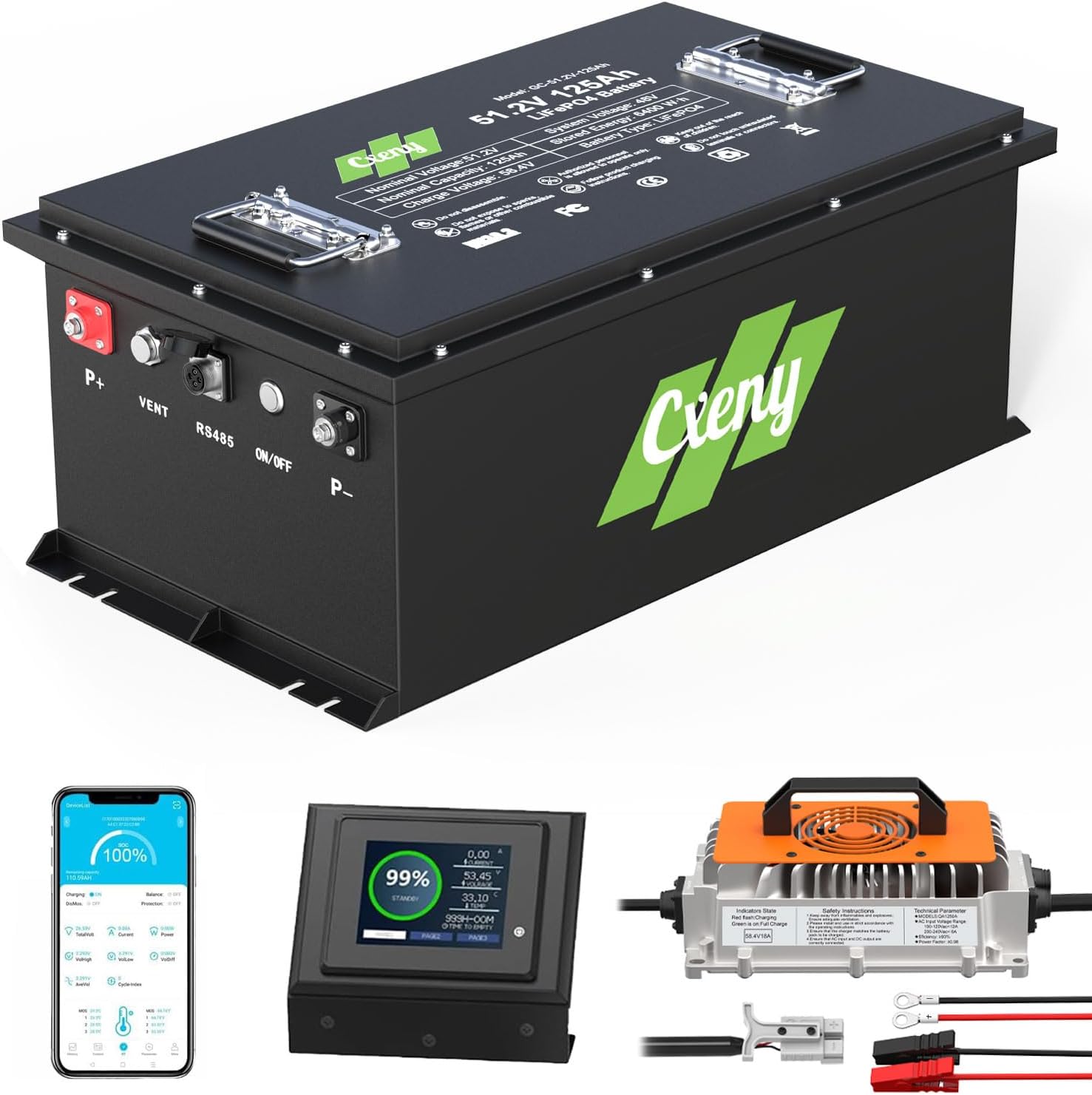 48V 125Ah Lithium Golf Cart Battery with 18A Charger, Built-in Smart 200A BMS, with Touch Monitor, Max 6.4kW Power Output, 8000+ Cycles, Perfect for Golf Carts, Lawn Mower, Solar, RV and Off Grid