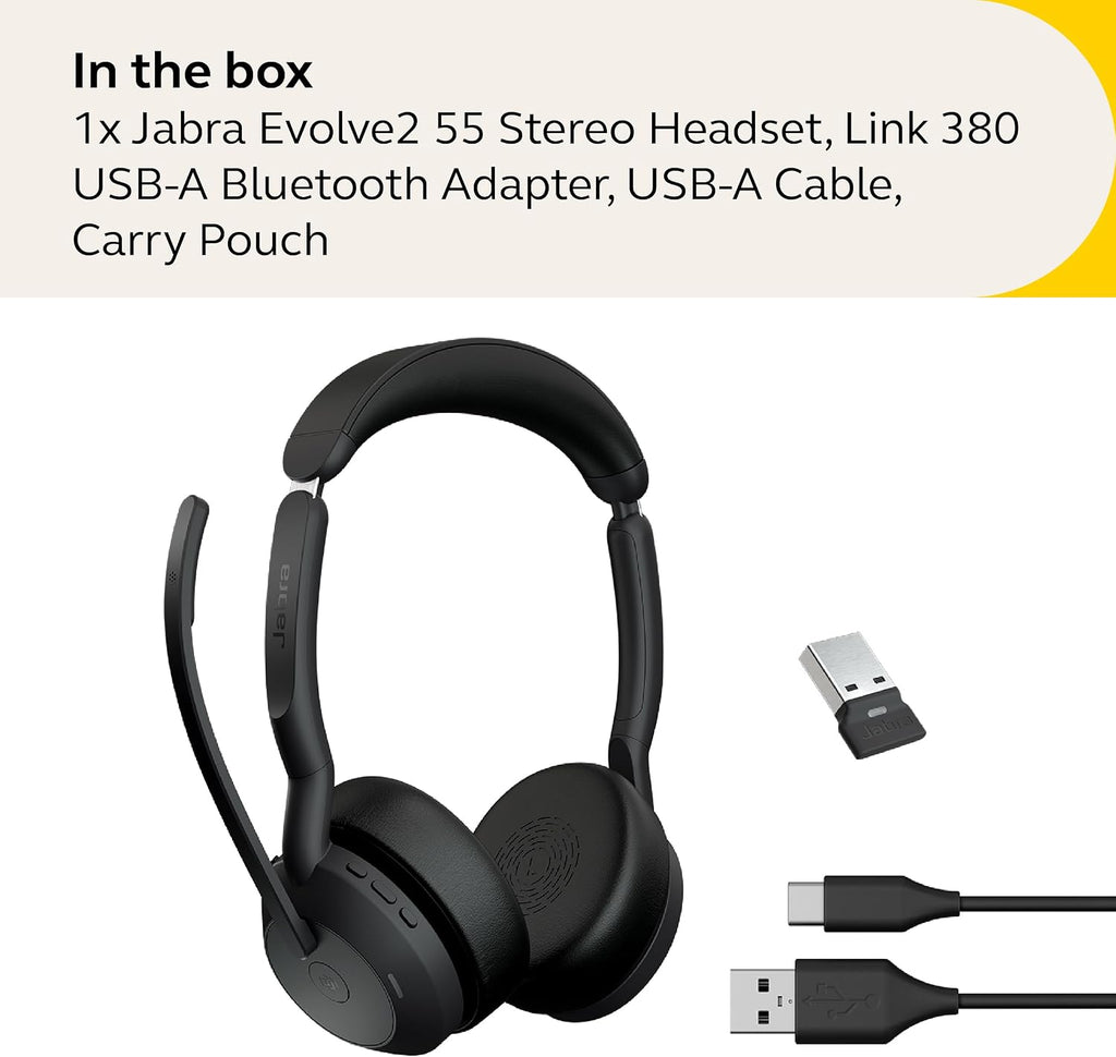Jabra Evolve2 55 Stereo Wireless Headset - Features AirComfort Technology, Noise-Cancelling Mics & Active Noise Cancellation - MS Teams Certified, Works with Other Platforms - Black