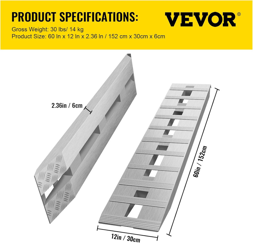 VEVOR Aluminum Ramps, 6000 lbs, Heavy-Duty Ramps with Top Hook Attaching End, Universal Loading Ramp for Motorcycle, Tractor, ATV/UTV, Trucks, Lawn Mower, 60' L x 12' W, 2Pcs