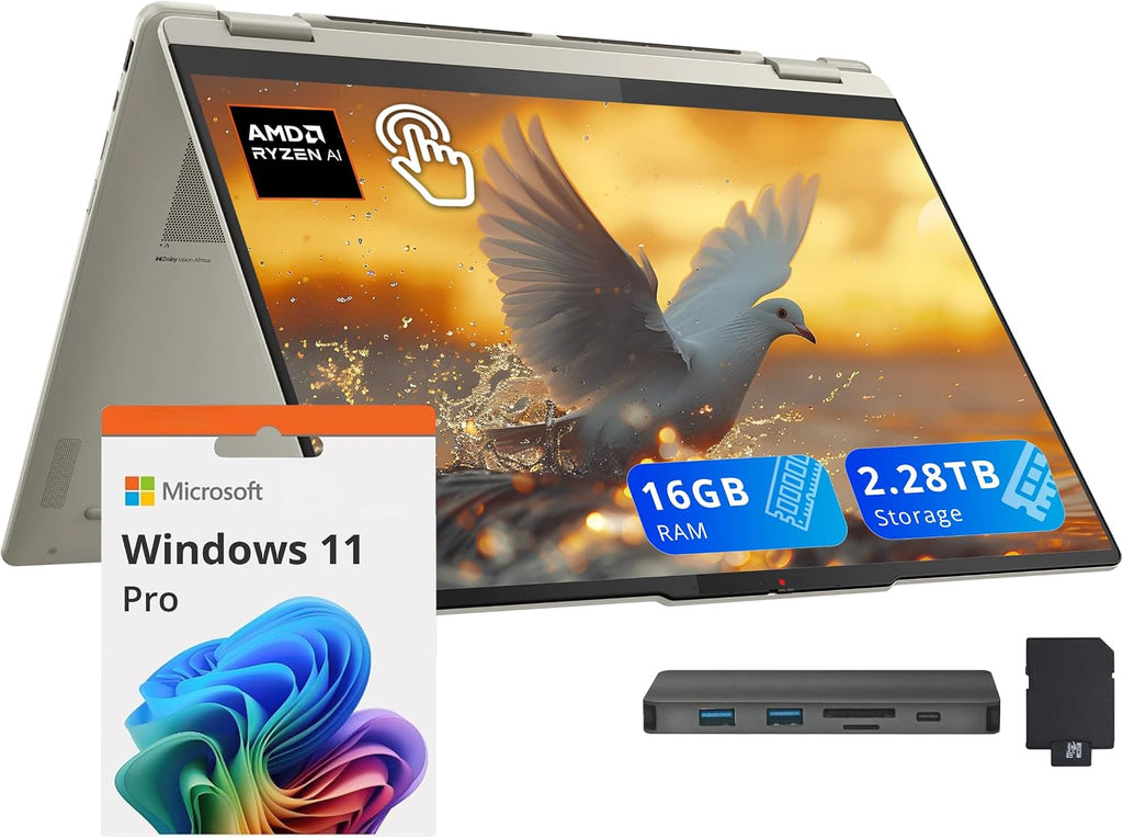 Lenovo Yoga 7 2-in-1 16' 2K Touchscreen Copilot+ PC Laptop, AMD Ryzen AI 7 350, 16GB LPDDR5X, 2.28TB Storage(2TB SSD+288GB Docking Station), Backlit Keyboard, Fingerprint, WiFi 7, Win 11 Pro, Seashell
