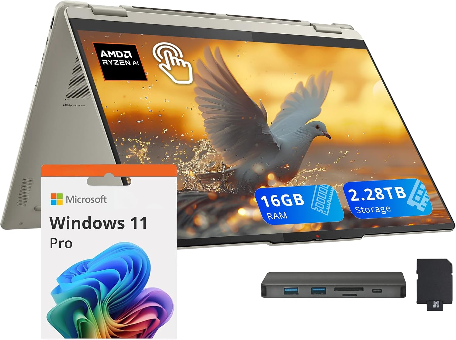 Lenovo Yoga 7 2-in-1 16' 2K Touchscreen Copilot+ PC Laptop, AMD Ryzen AI 7 350, 16GB LPDDR5X, 2.28TB Storage(2TB SSD+288GB Docking Station), Backlit Keyboard, Fingerprint, WiFi 7, Win 11 Pro, Seashell