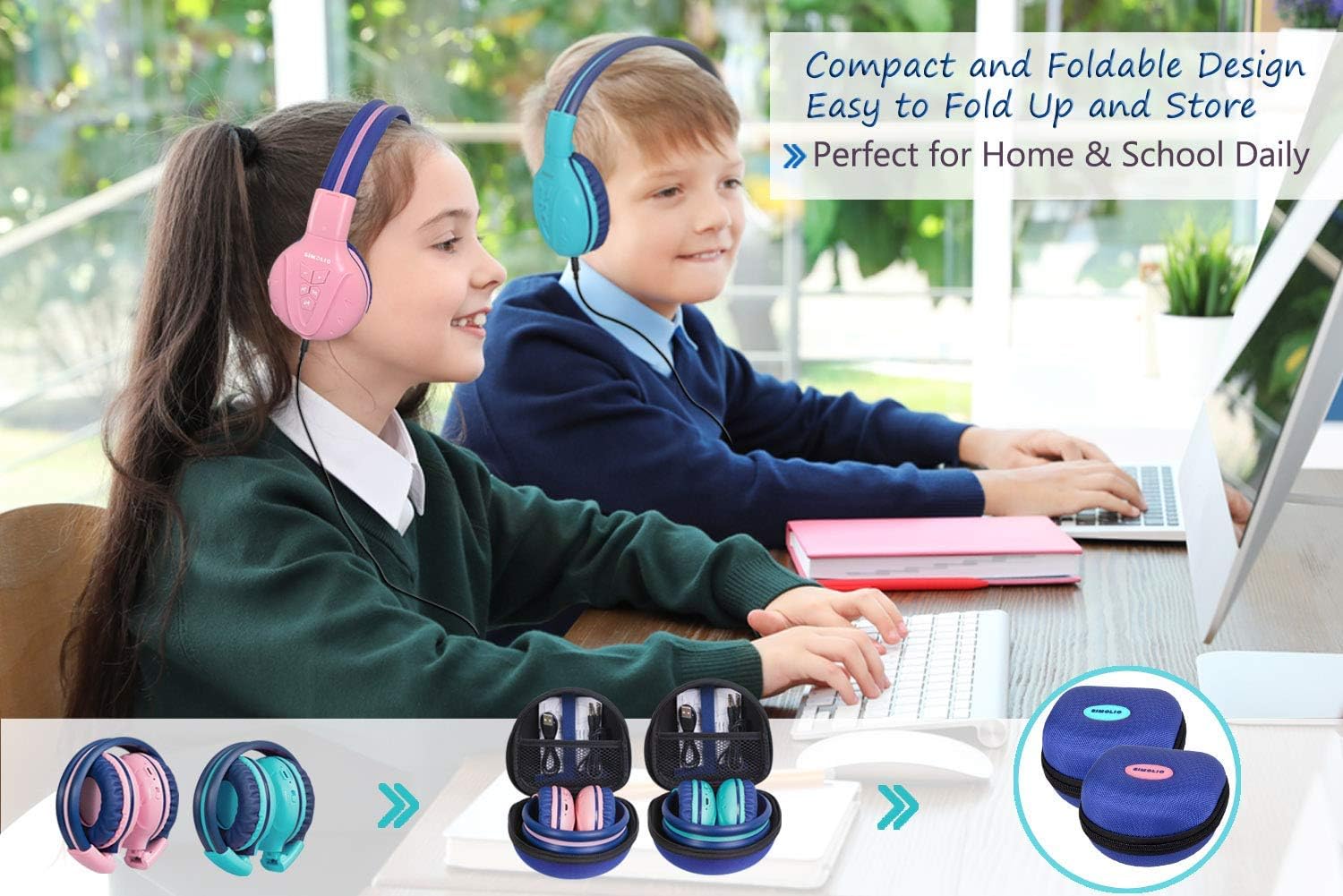 SIMOLIO Kids Wireless Bluetooth Headphones with Mic, Auracast & Volume Limiter, Share Audio, Foldable, Compact Case, Perfect for Travel, School, and Online Learning